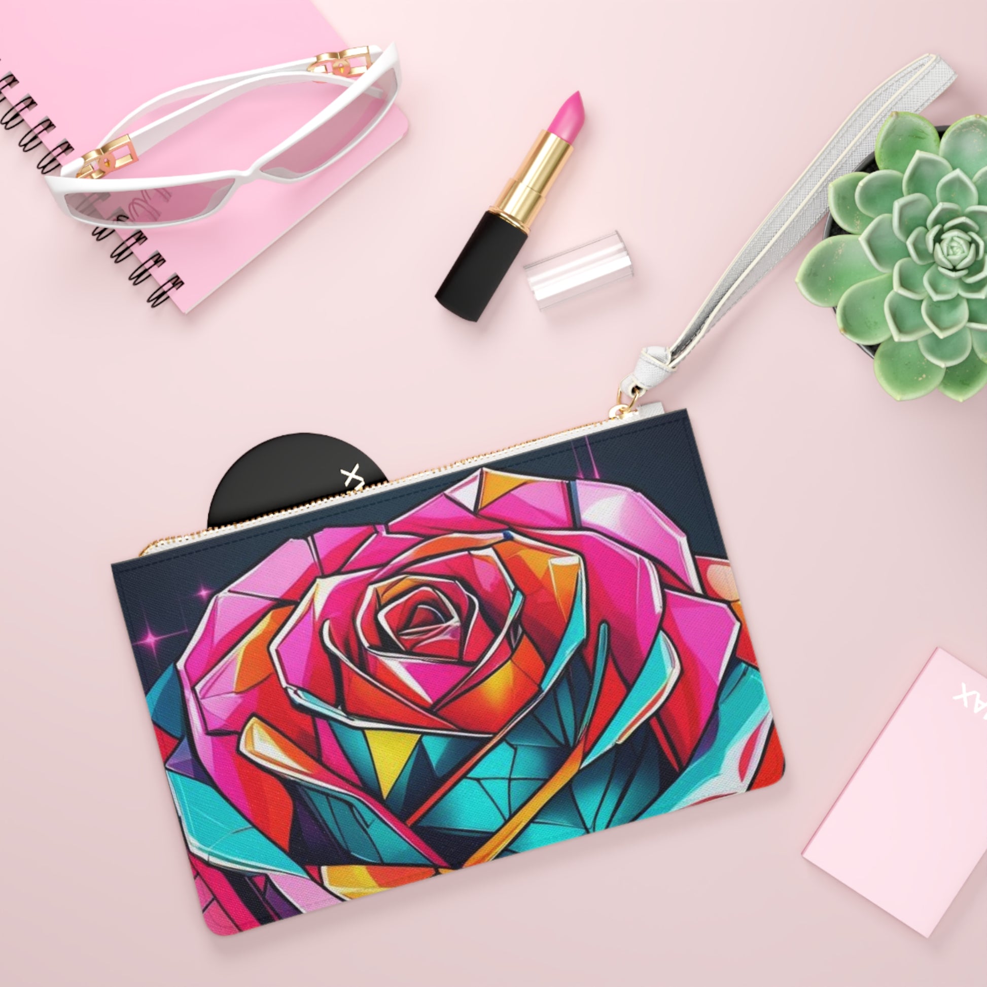 Vibrant Art Clutch Bag, Colorful Rose & Rocket Design, Unique Evening Bag, Perfect for Parties, Festivals and Gifts