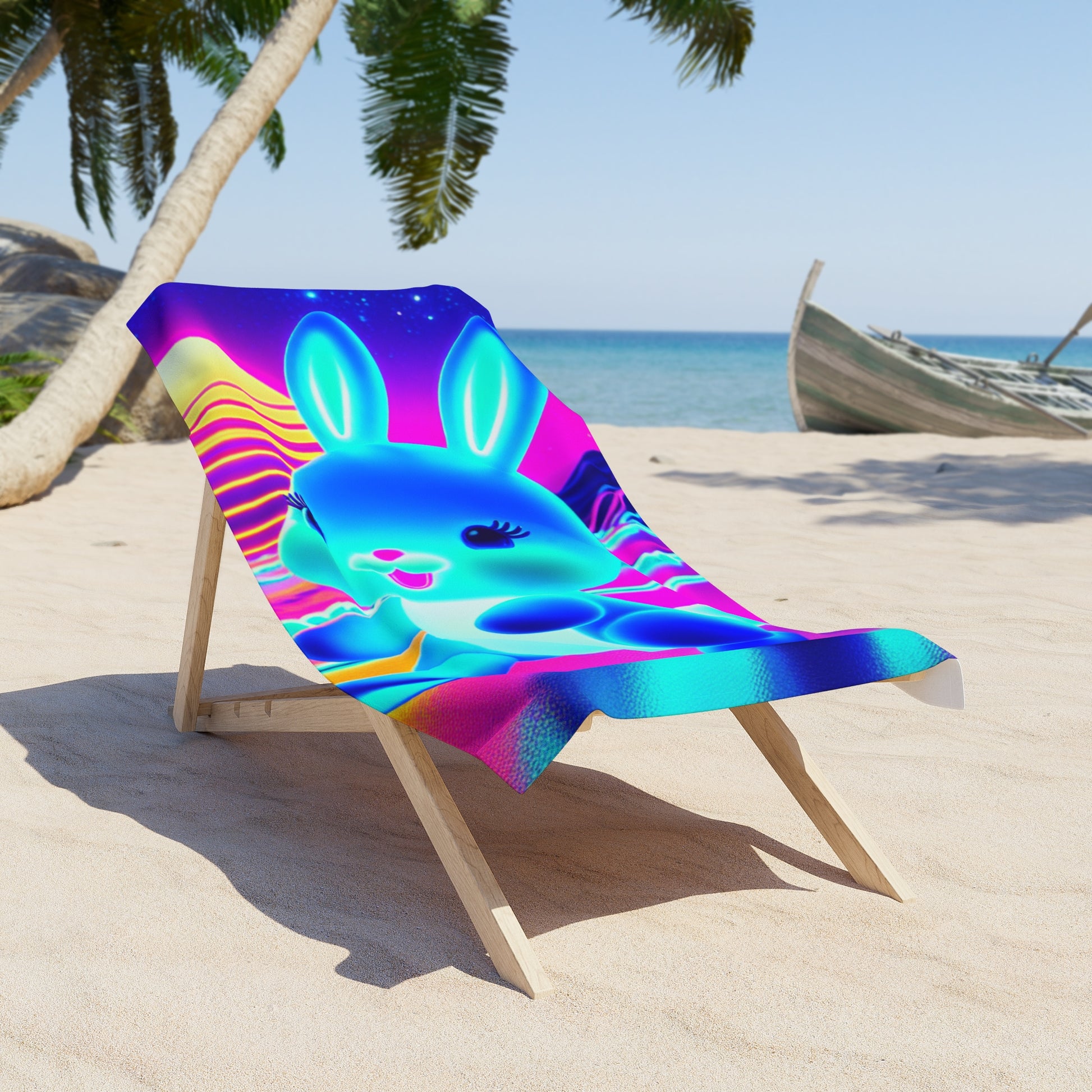 Colorful Bunny Beach Towel, Funky Summer Accessory, Neon Towel for Pool Days, Vibrant Towel Gift, Beach Decor