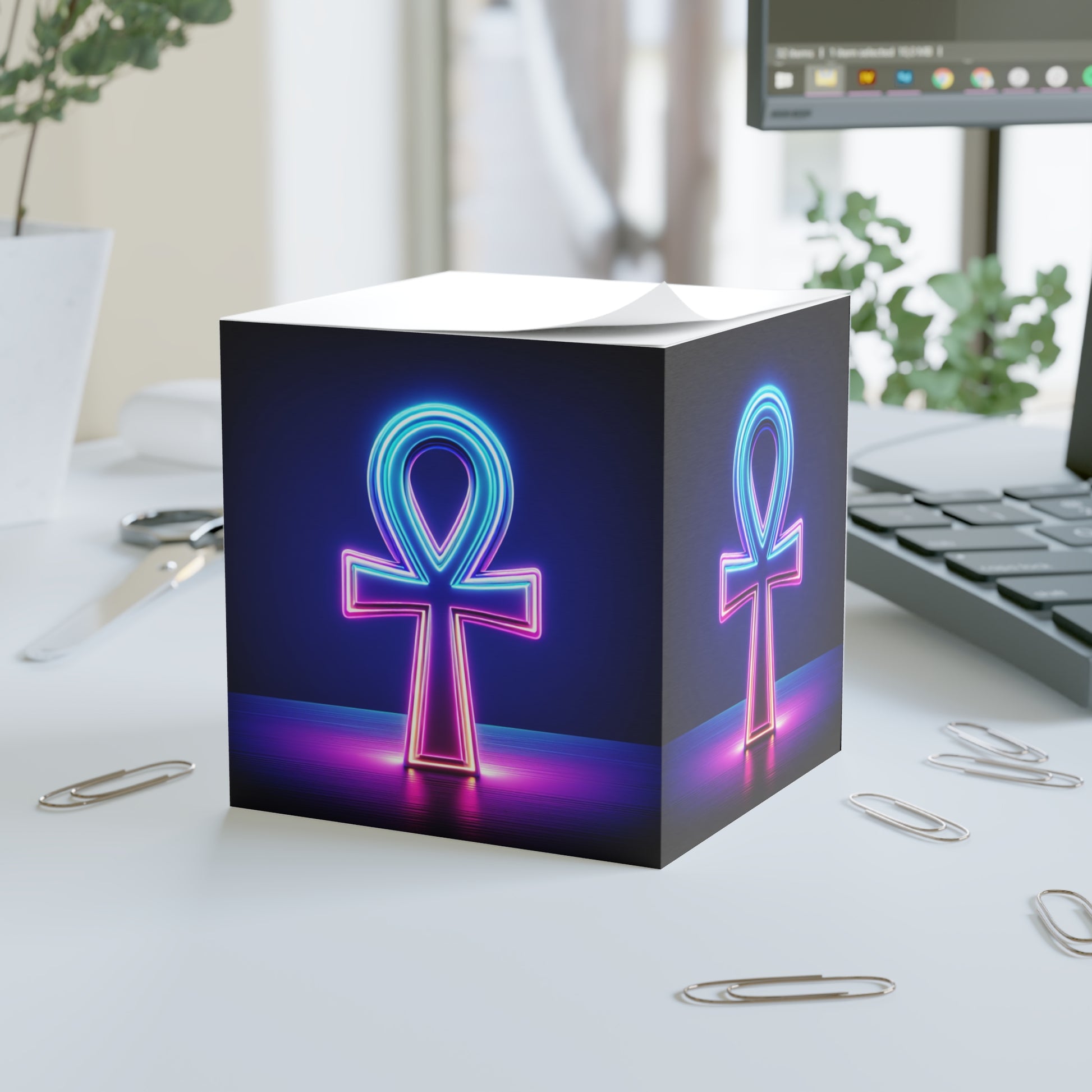 Neon Ankh Note Cube - Vibrant Desk Decor, Egyptian Symbol Stationery, Unique Gift, Office Accessory, Home Office Decor