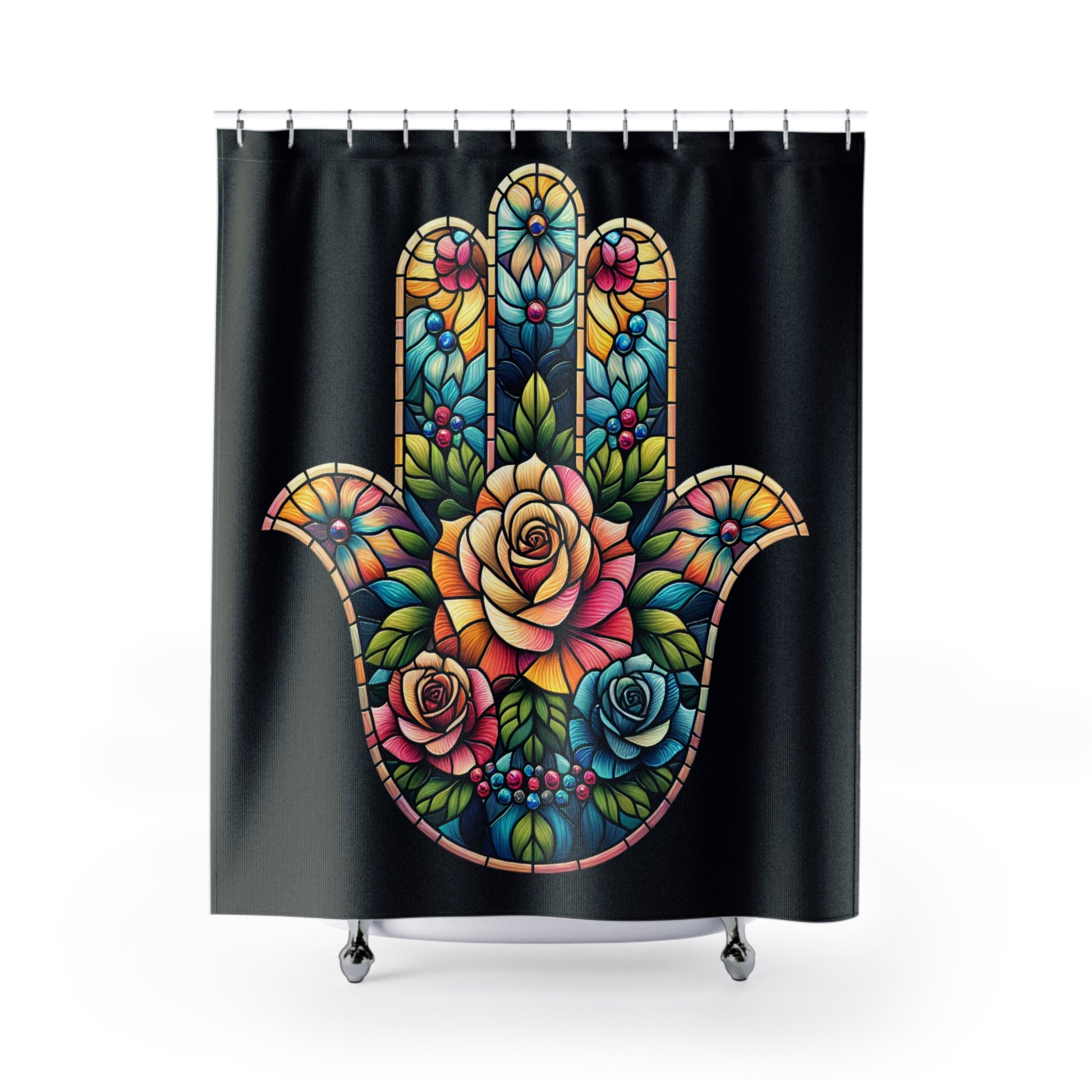 Stained Glass Hamsa Shower Curtain, Bohemian Bathroom Decor, Artisan Bathroom Upgrade, Unique Home Gift, Spiritual Wall Art