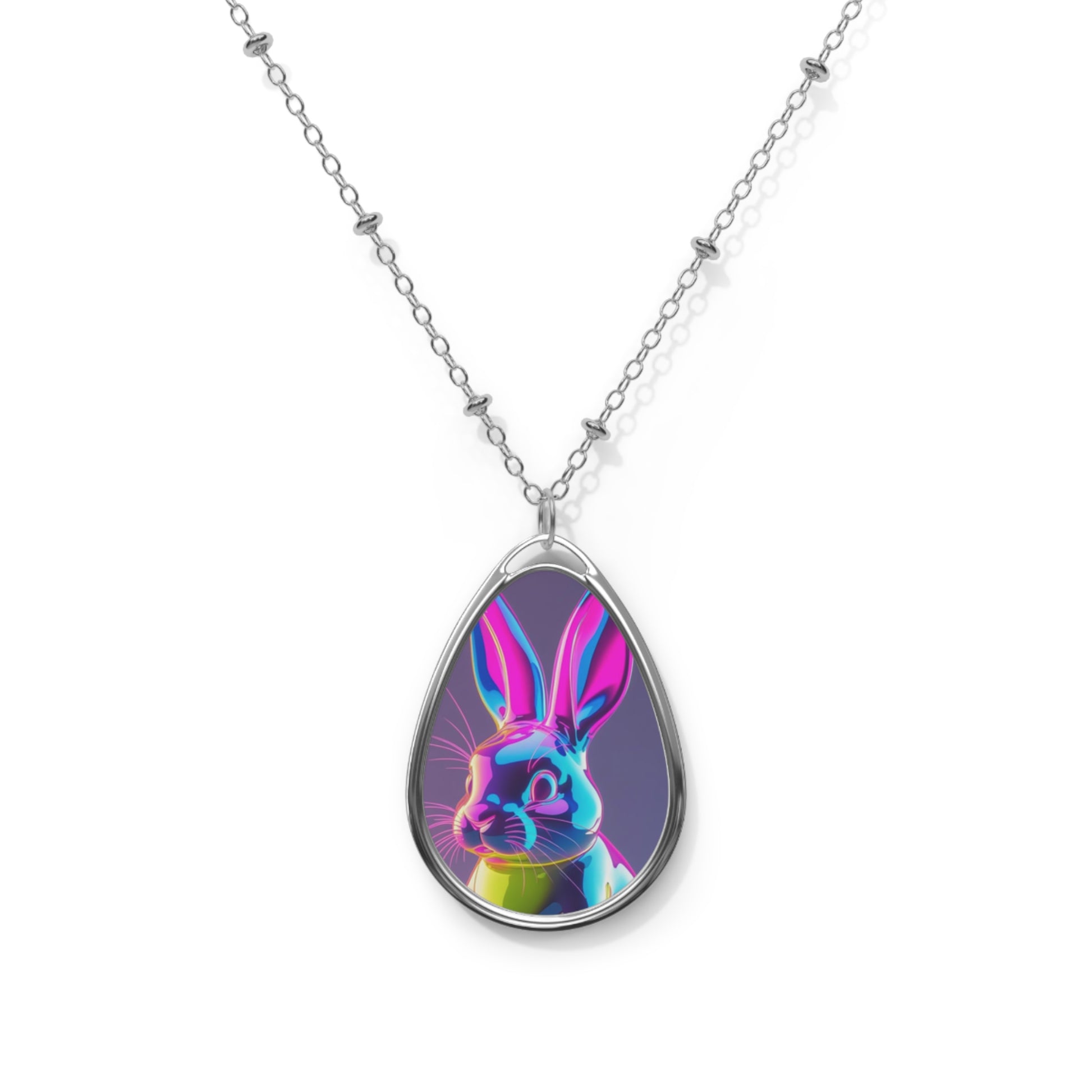 Colorful Bunny Oval Necklace, Easter jewelry, whimsical accessory, unique gift for her, playful charm, animal lover pendant