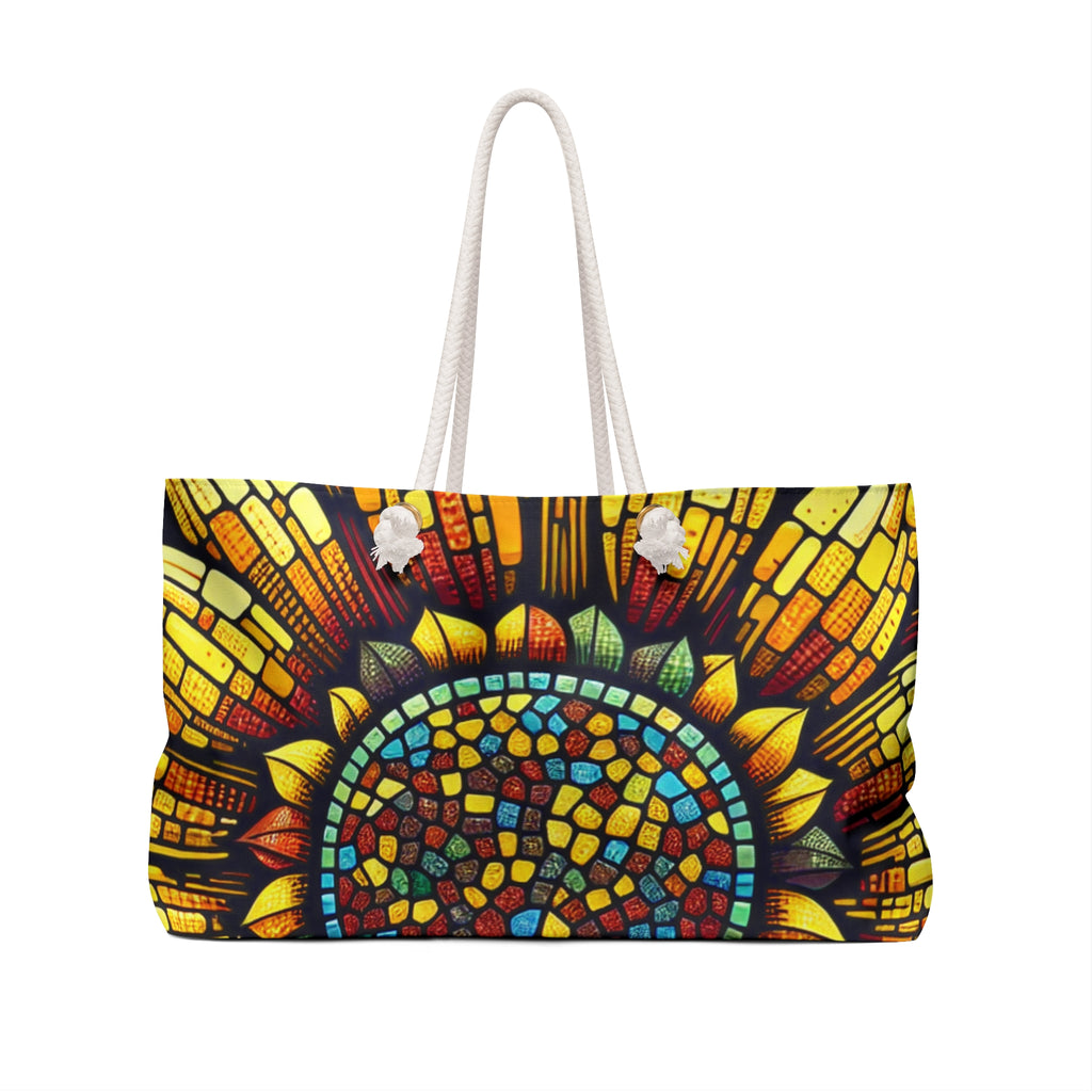 Vibrant Mosaic Sunflower Weekender Bag, Carryall Carry-On Travel Bag, Beach Bag, Overnight Tote, Floral Gift Handbag