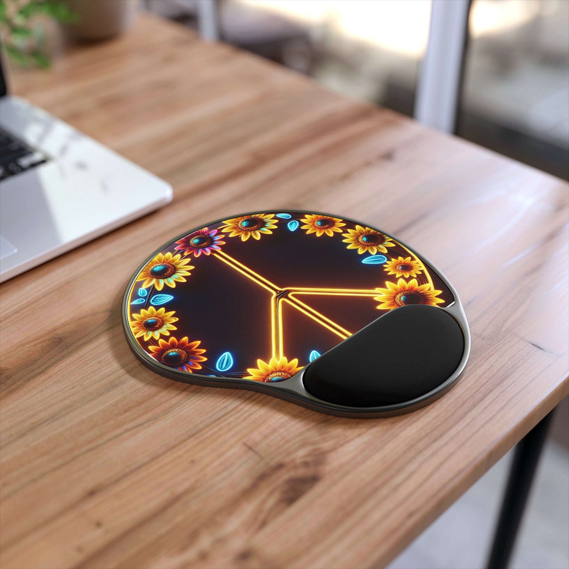 Sunflower Peace Sign Mouse Pad with Wrist Rest, Cute Desk Accessory, Office Gifts, Floral Decor, Computer Accessories