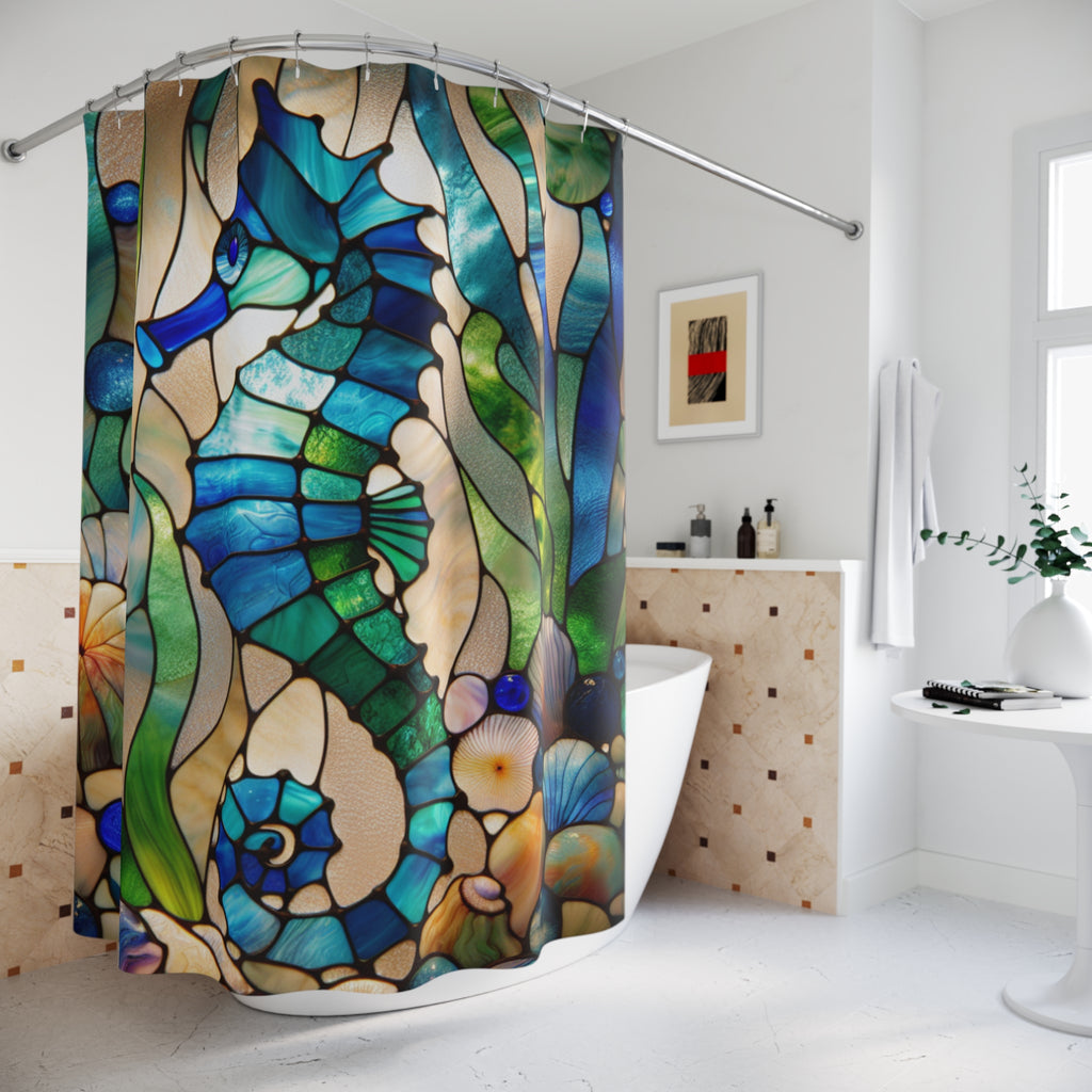 Stained Glass Seahorse Shower Curtain, Coastal Bathroom Decor, Nautical Gift, Ocean Theme, Beach House Essentials