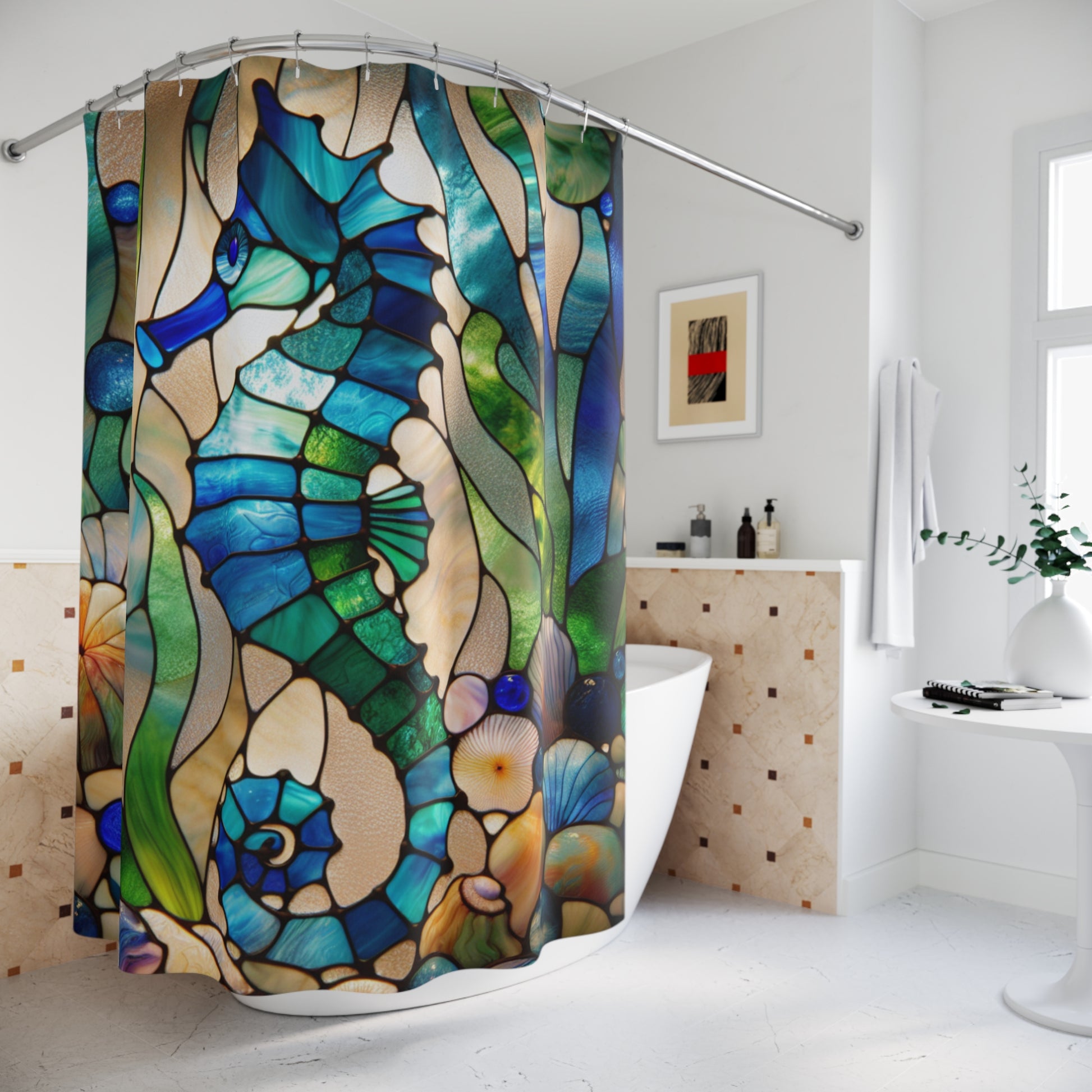 Stained Glass Seahorse Shower Curtain, Coastal Bathroom Decor, Nautical Gift, Ocean Theme, Beach House Essentials