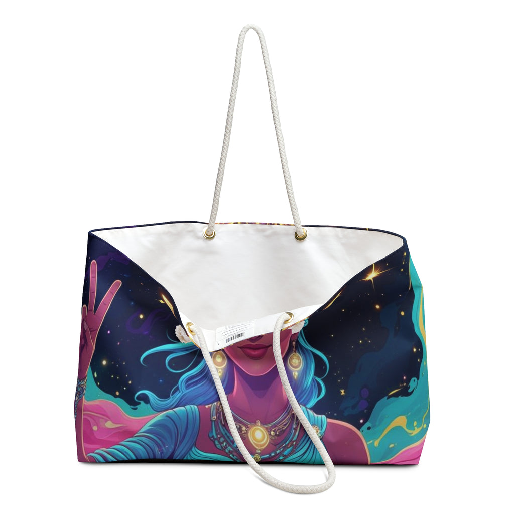 Cosmic Goddess Weekender Bag, Tote for Travel, Yoga, Beach, Festival, Empowerment Gift, Celestial Art Carryall, Carryon Gift for Her