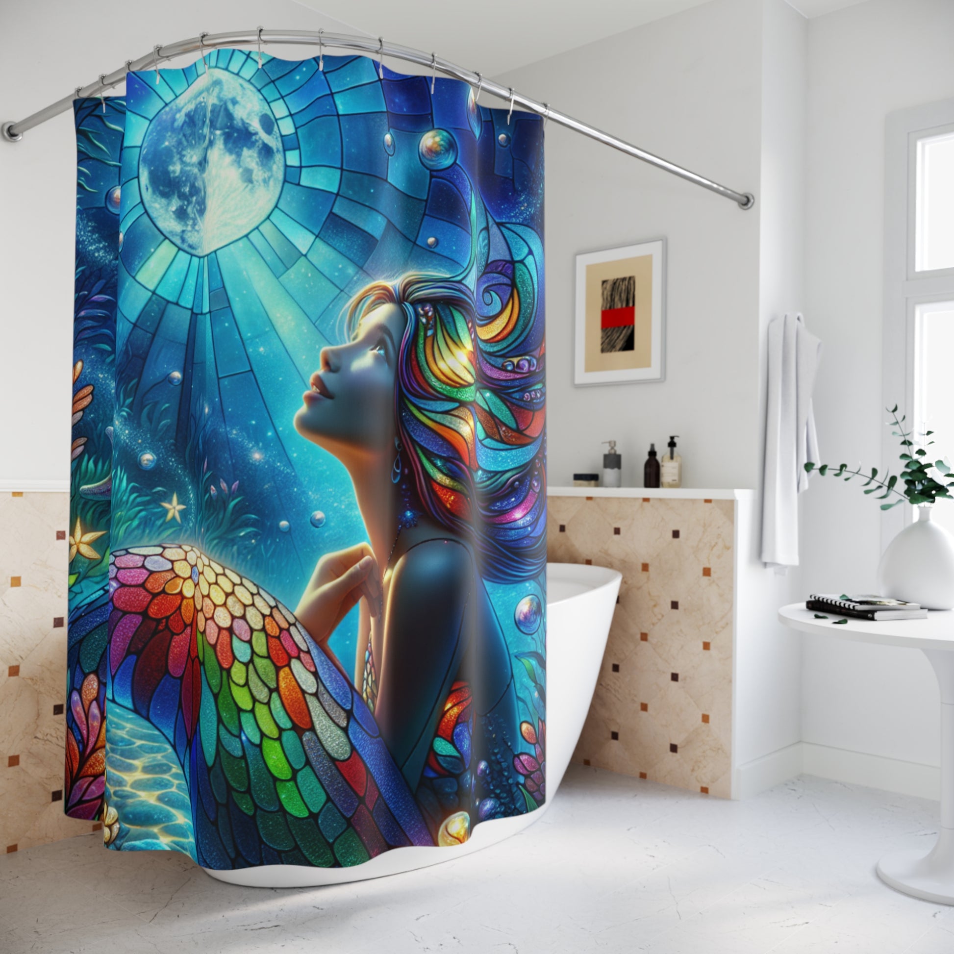 Colorful Mermaid Shower Curtain | Bohemian Bathroom Decor, Artistic Home Accessory, Unique Gift, Fantasy Wall Art