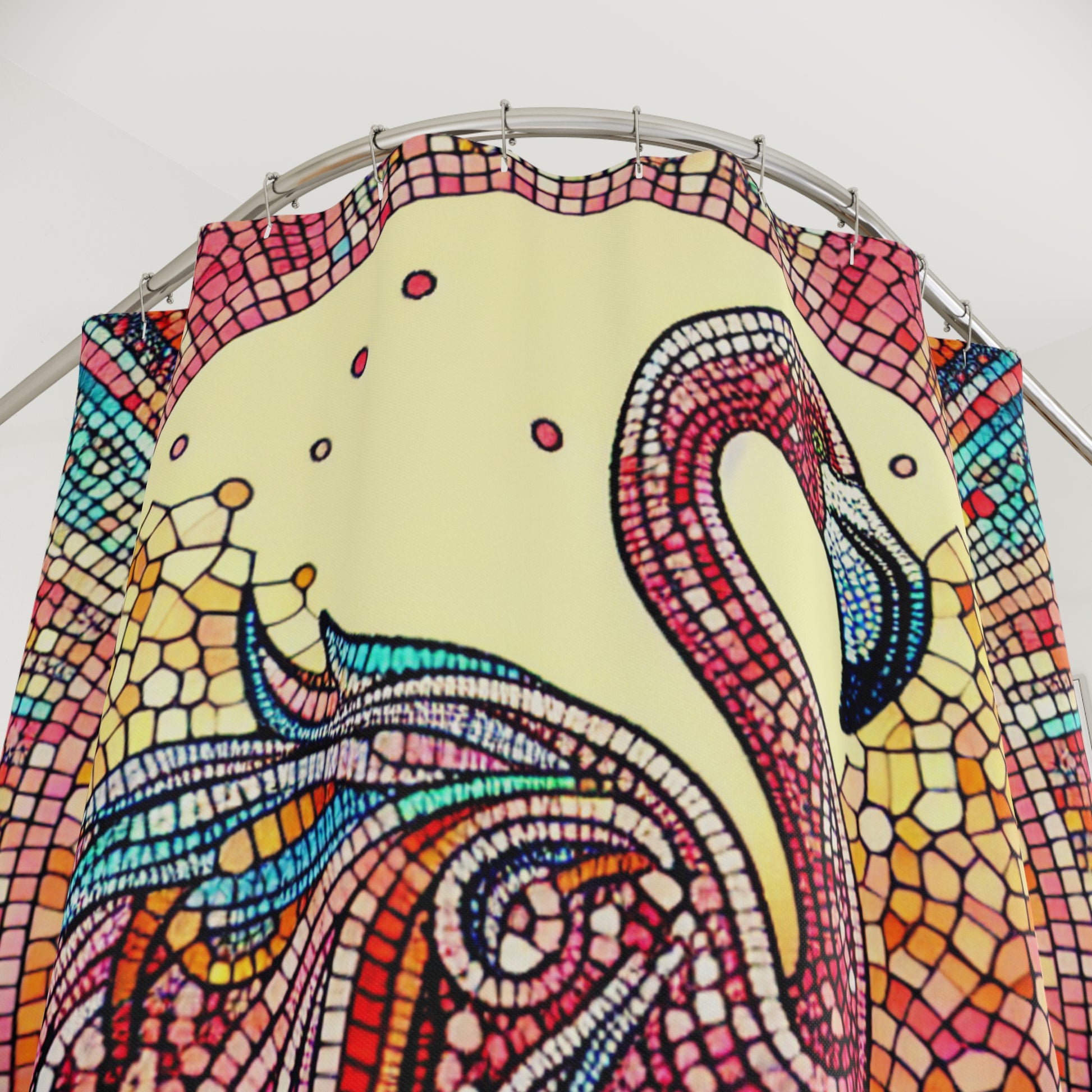 Vibrant Flamingo Shower Curtain, Boho Bathroom Decor, Beach Vibe Home Accessory, Unique Gift Idea for Nature Lovers, Colorful Mosaic Art