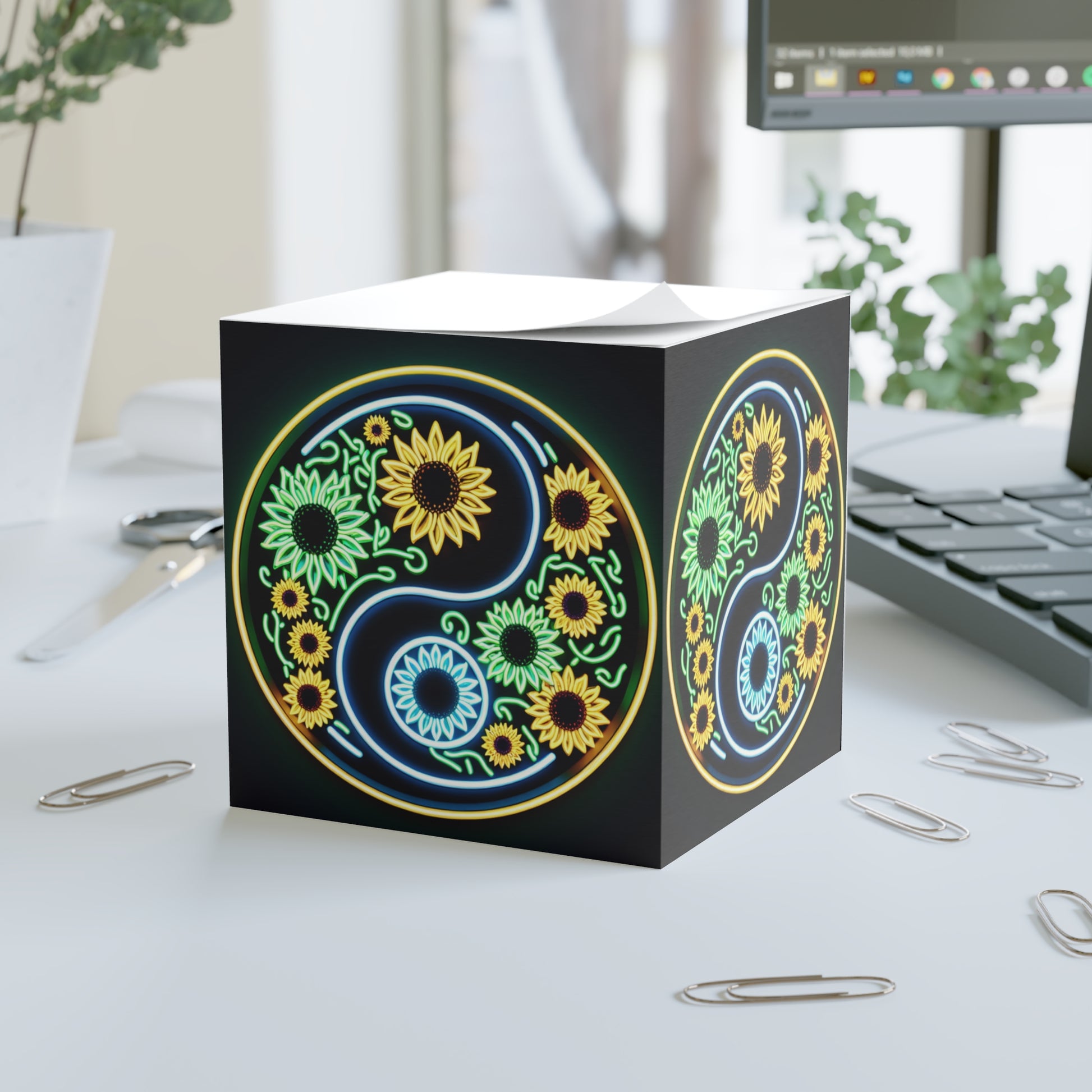 Yin Yang Sunflower Note Cube, Floral Desk Decor, Eco-Friendly Stationery, Gift for Writers, Office Supplies, Meditation Aid