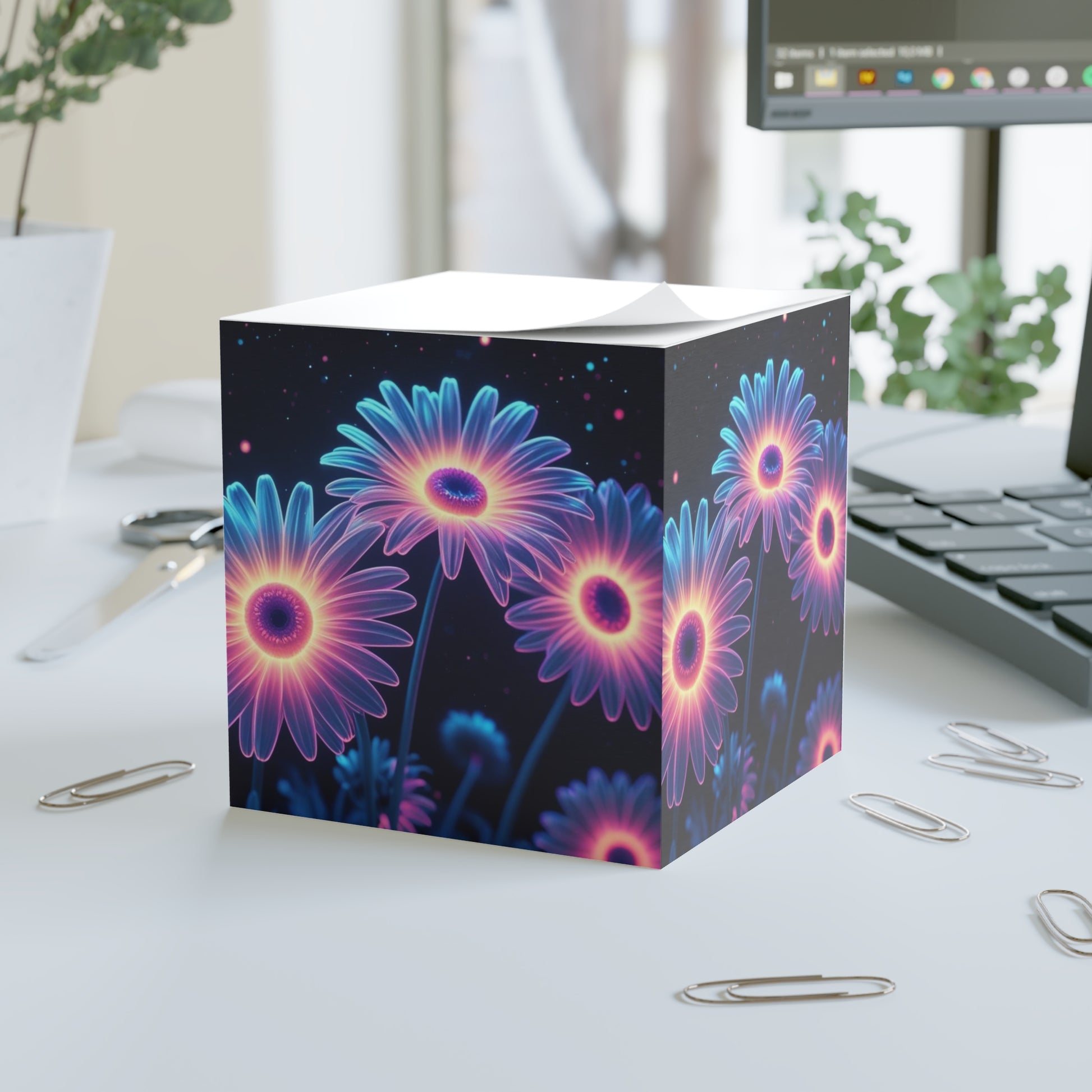 Glow-in-the-Dark Floral Note Cube, Colorful Sticky Notes, Office Decor, Gift for Her, Cute Desk Accessory