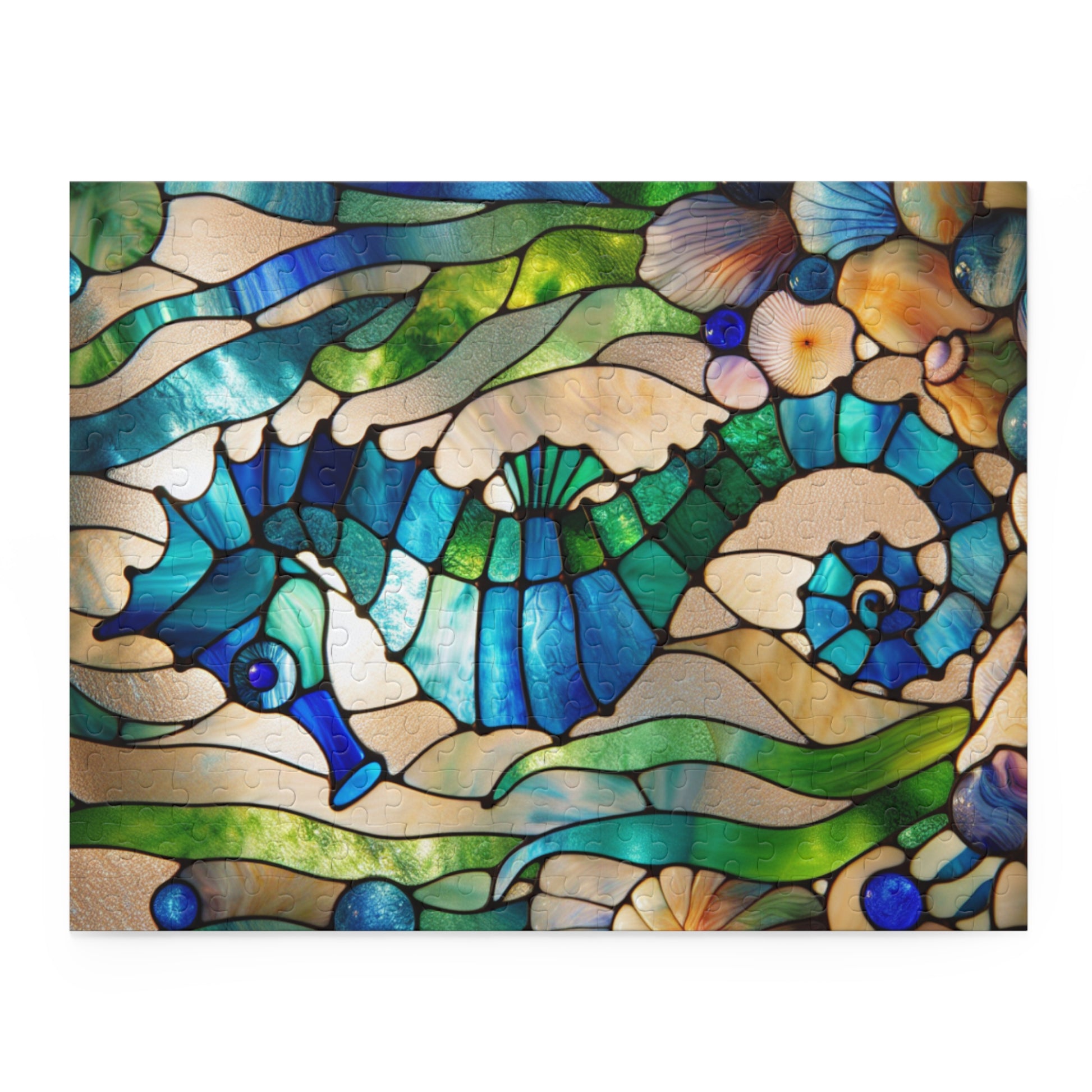 Stained Glass Seahorse Puzzle, Ocean Art, 120-500 Piece Jigsaw, Nautical Decor, Gift for Marine Life Lovers, Home Entertainment