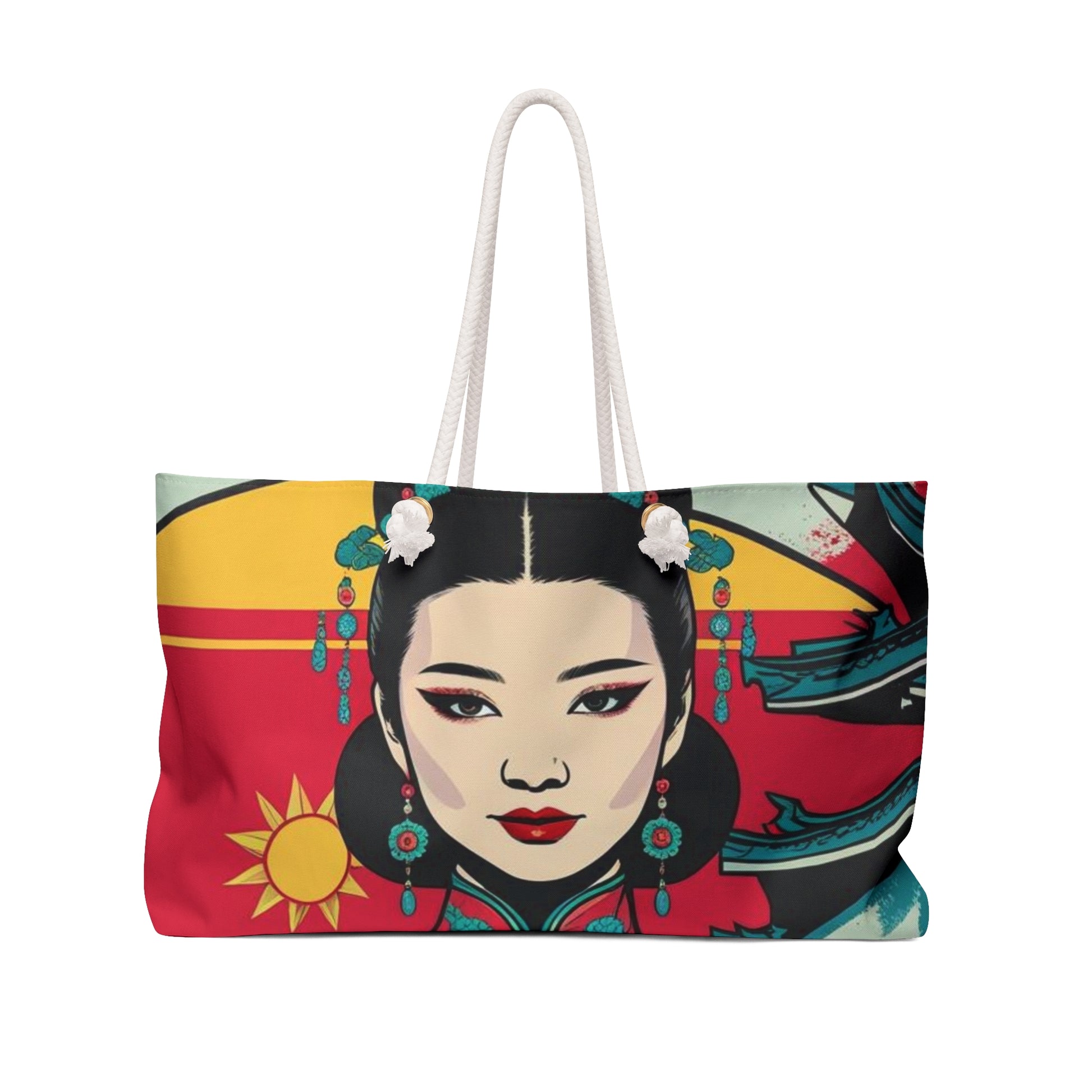 Stylish Weekender Bag with Artistic Asian Design, Travel Tote, Beach Bag, Gym Bag, Gift for Her, Boho Chic