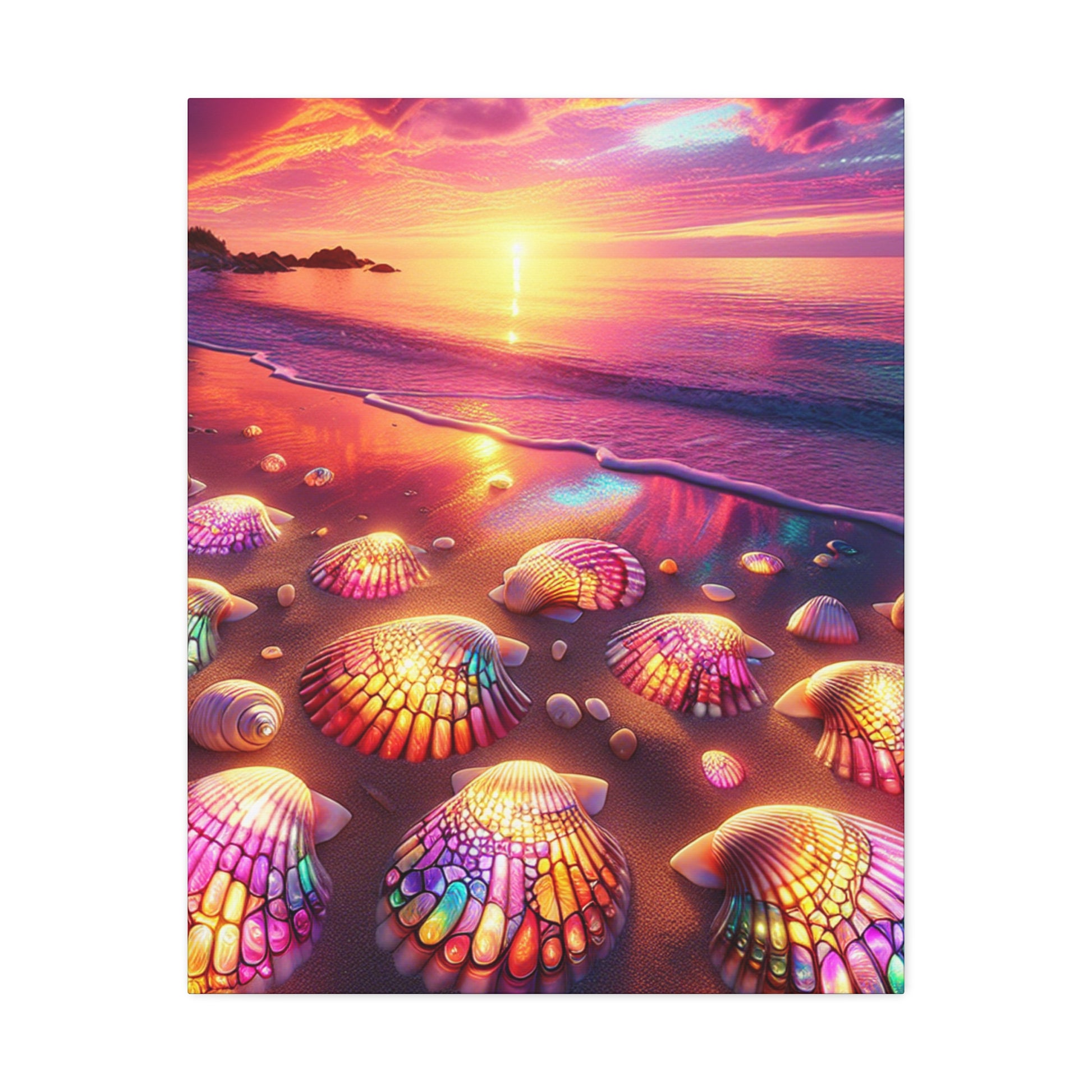 Colorful Seashells Stretched Canvas Art | Beach Decor, Ocean Wall Art, Coastal Aesthetic, Nautical Gift, Vibrant Sunset