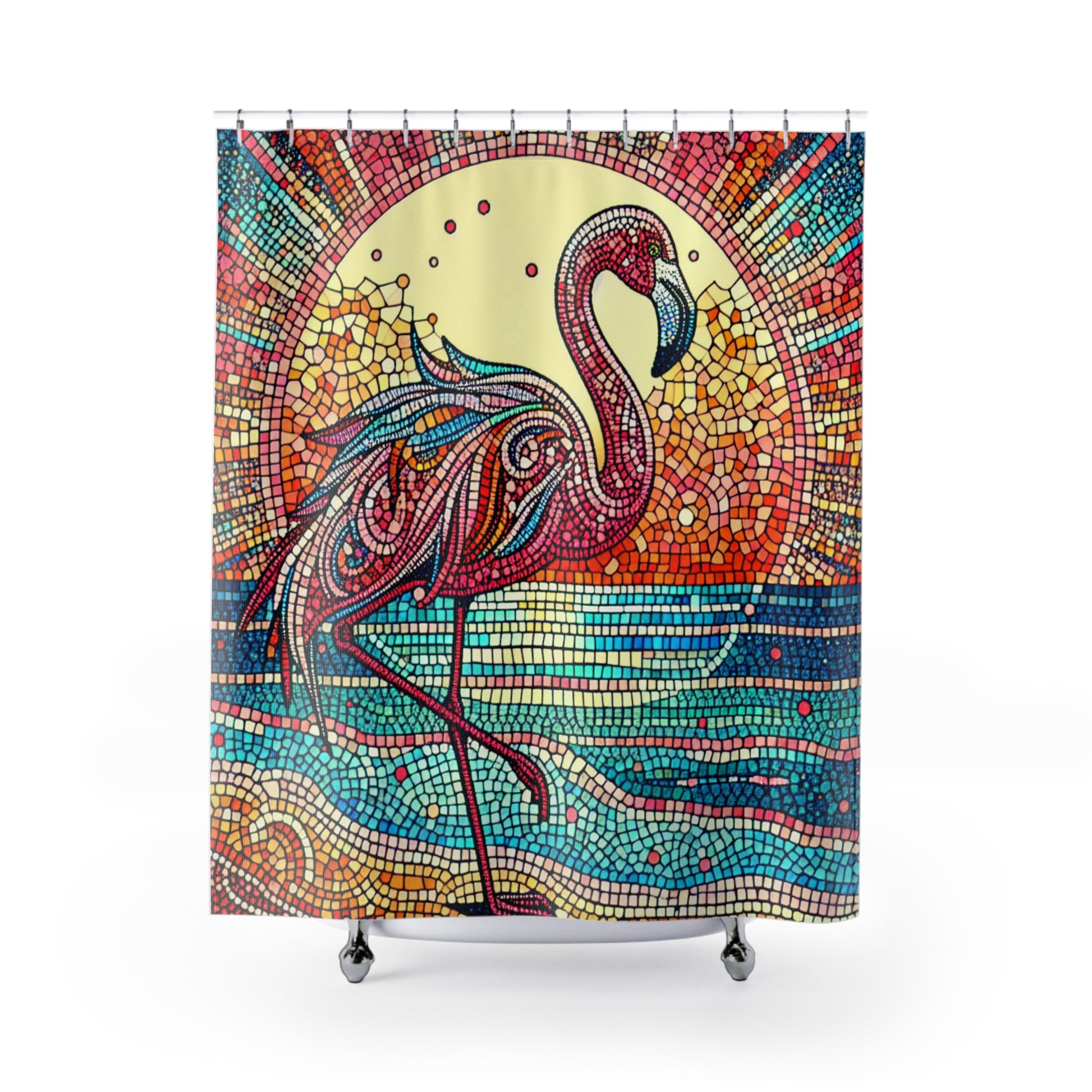 Vibrant Flamingo Shower Curtain, Boho Bathroom Decor, Beach Vibe Home Accessory, Unique Gift Idea for Nature Lovers, Colorful Mosaic Art