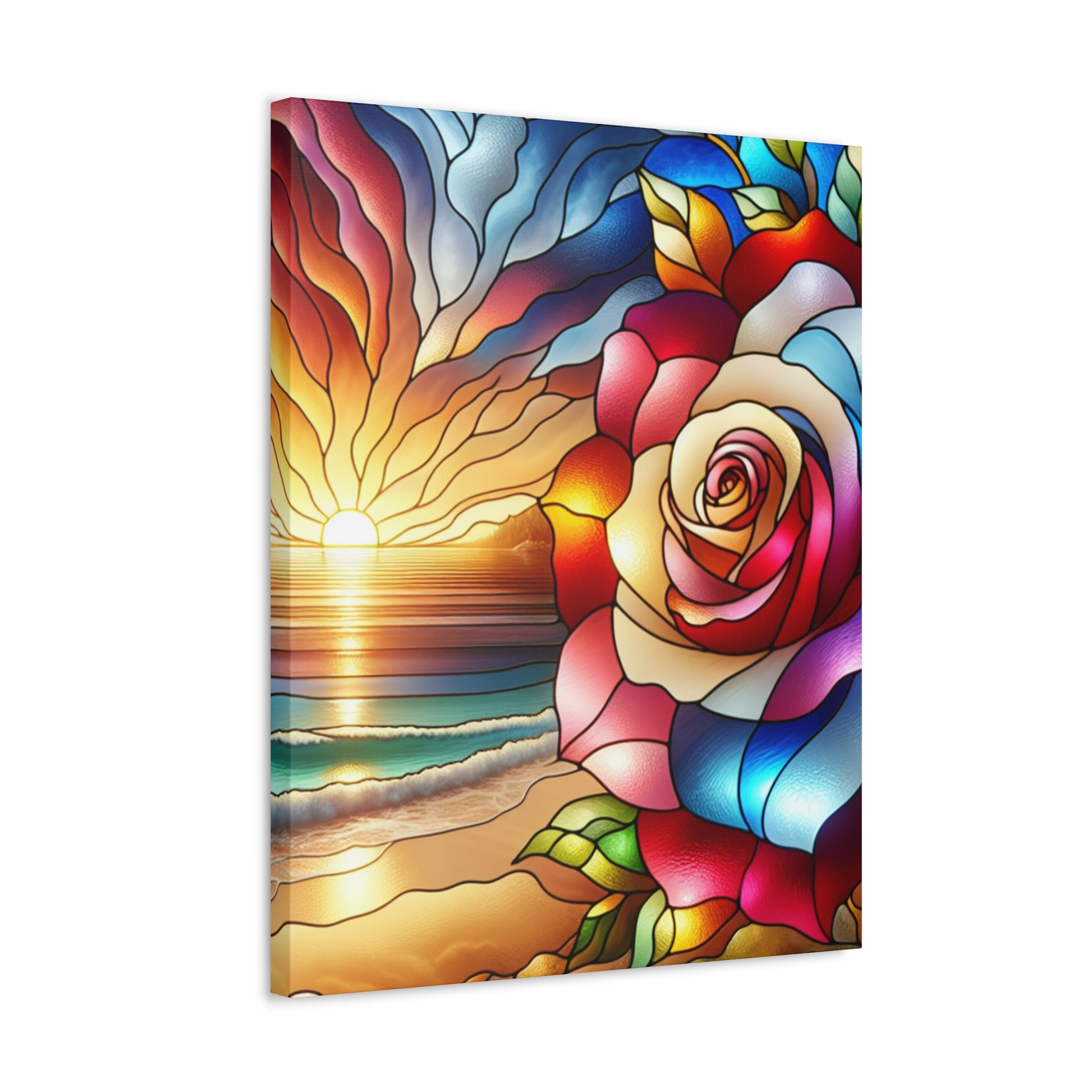 Vibrant Stained Glass Canvas Art, Flower Sunset Wall Decor, Colorful Home Decoration, Gift for Art Lovers, Floral Artwork
