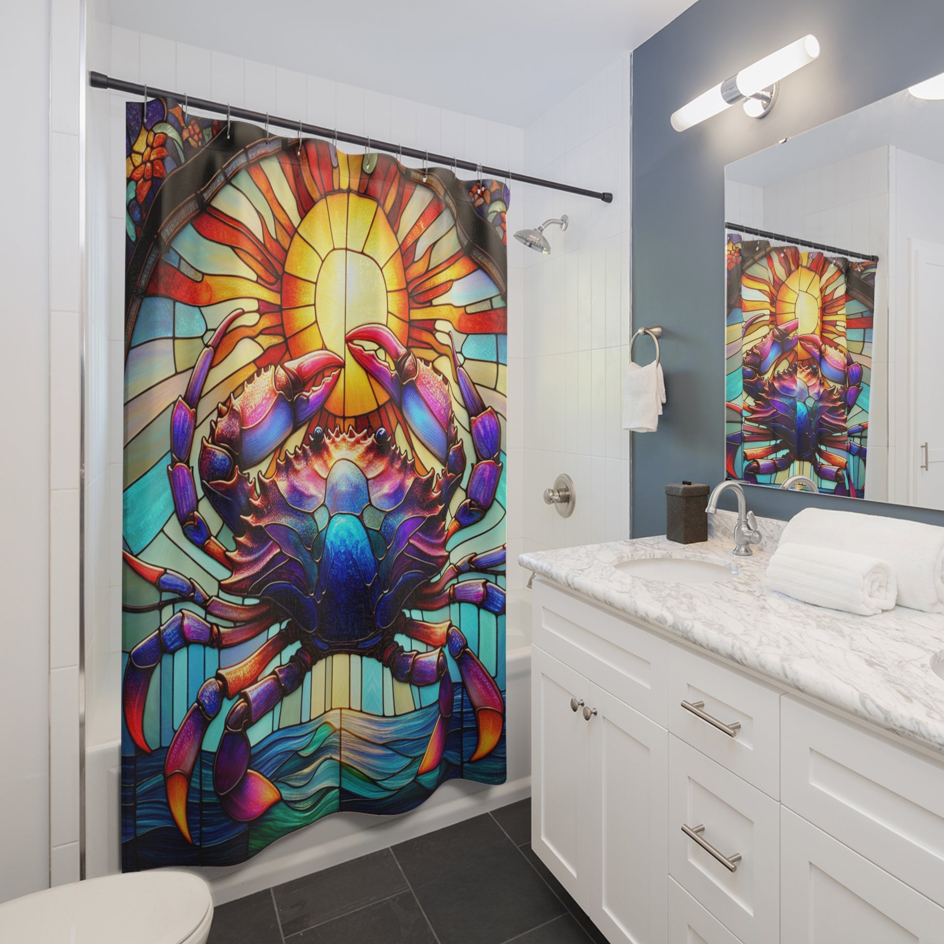 Vibrant Crab Shower Curtain, Stained Glass Bathroom Decor, Nautical Theme, Coastal Gift, Beach House Accent