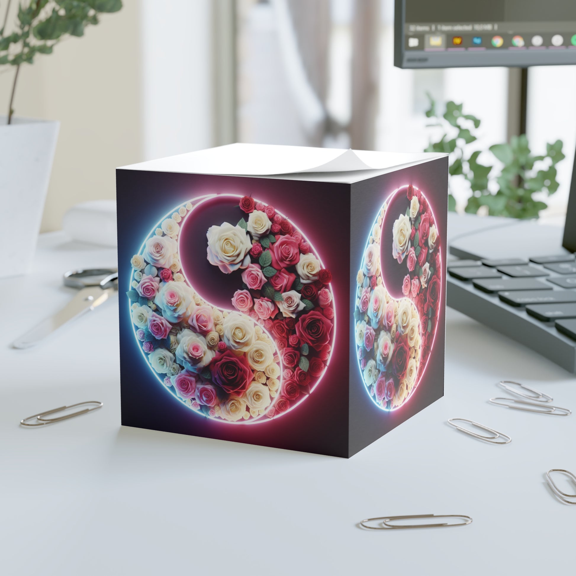 Floral Yin Yang Note Cube - Cute Desk Organizer, Stationery Essential, Office Decor, Gift for Writing Lovers, Home Office Must-Have