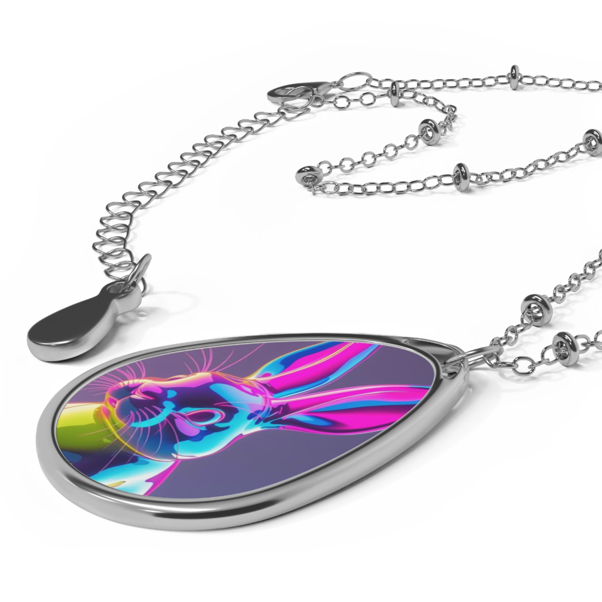 Colorful Bunny Oval Necklace, Easter jewelry, whimsical accessory, unique gift for her, playful charm, animal lover pendant