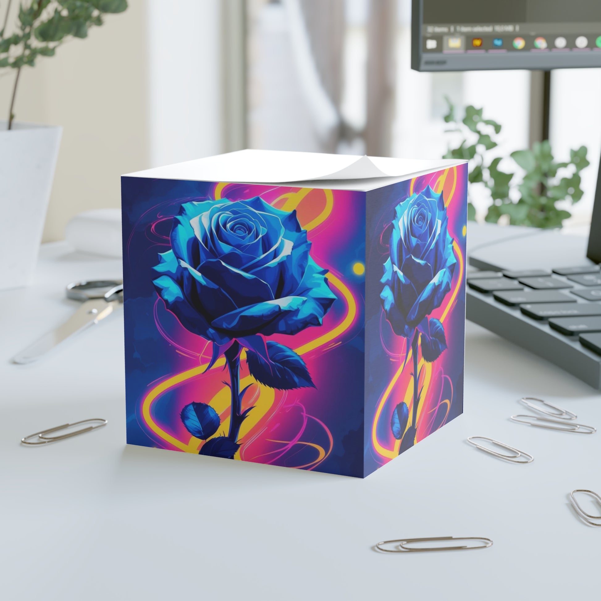 Vibrant Blue Rose Note Cube: Floral Stationery for Artists, Gift Notes, Inspirational Messages, Office Decor, Unique Desk Accessories