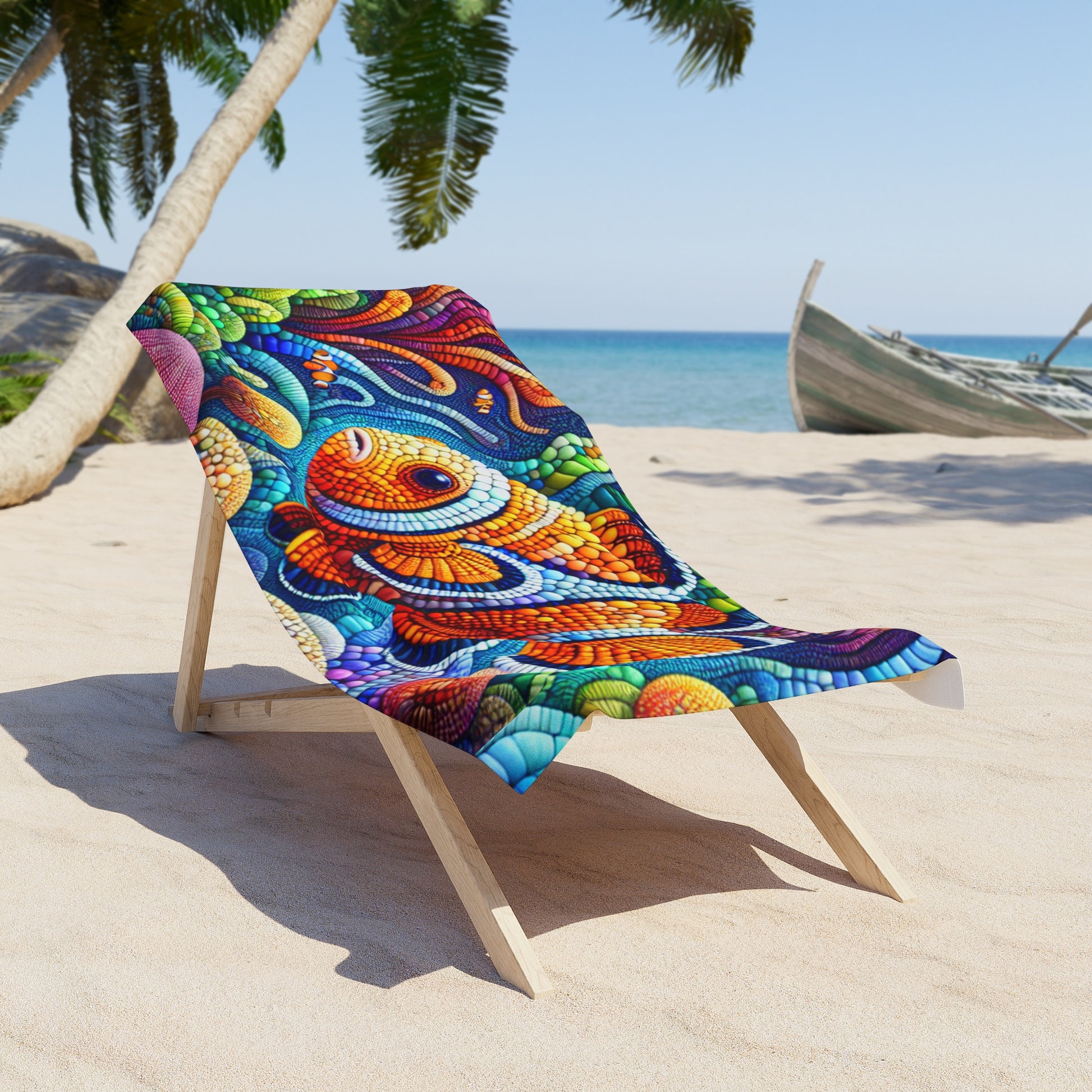 Colorful Mosaic Clown Fish Beach Towel, Vibrant Poolside Towel for Summer, Ocean Theme Towel, Ideal for Beach Days and Vacations