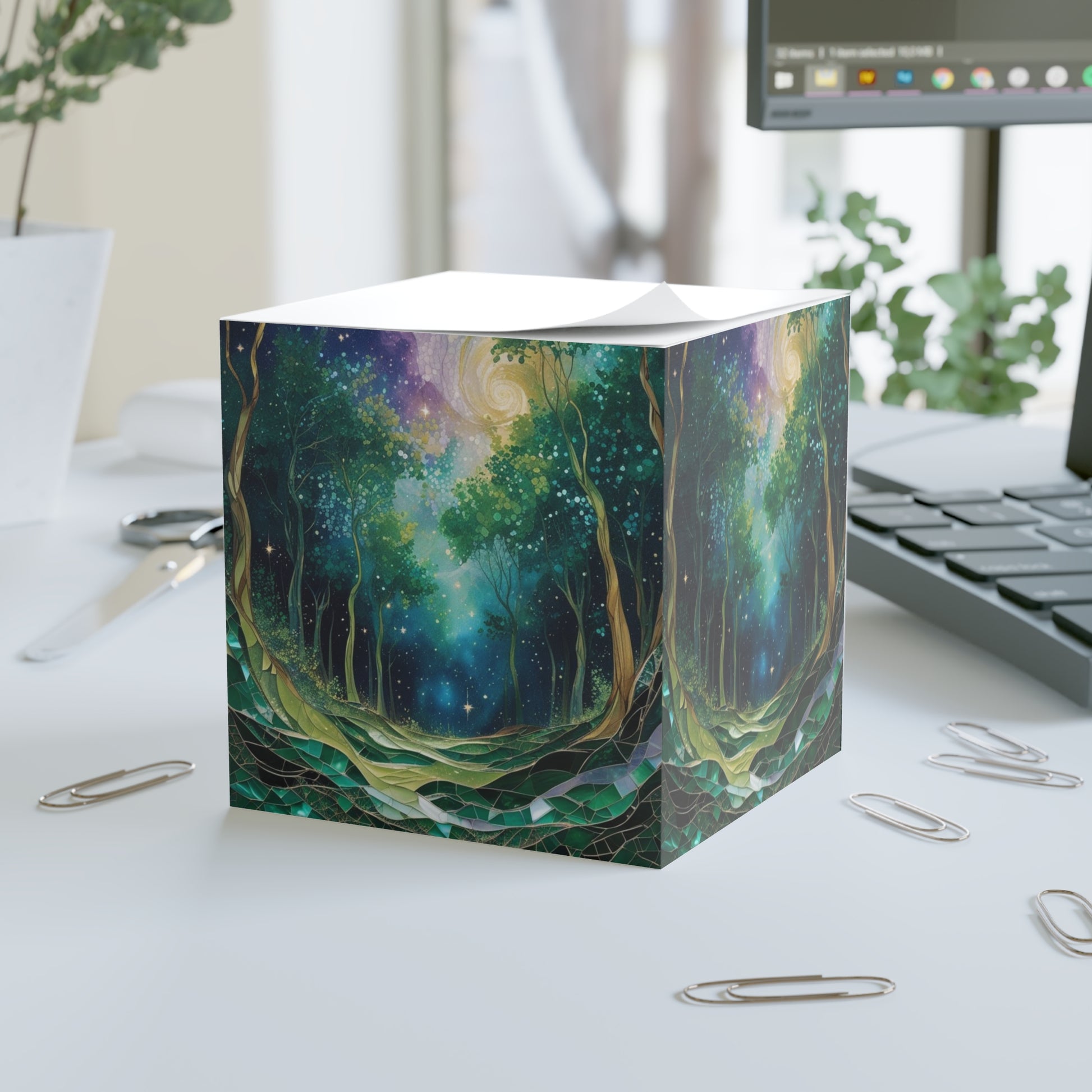 Whimsical Forest Note Cube, Notepad Holder, Desk Accessory, Gift for Nature Lovers, Home Office Decor, Eco-Friendly Stationery