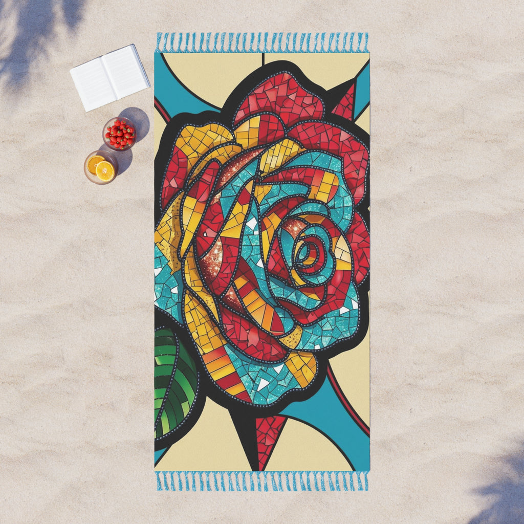 Sparkling Mosaic Rose Boho Beach Towel | Vibrant Rose Print | Summer Accessory | Poolside Essential | Gift for Beach Lovers | Relaxing Vibes