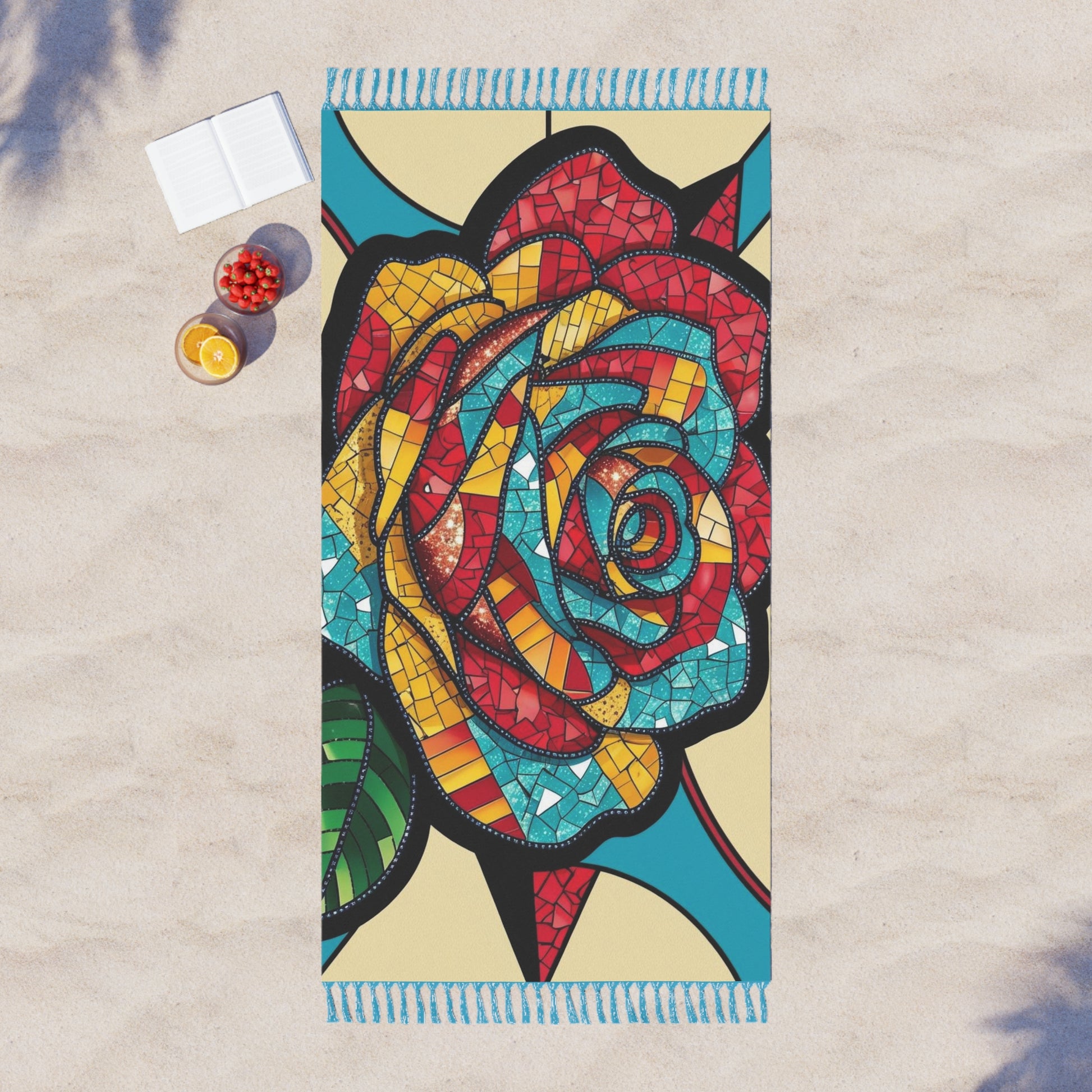 Sparkling Mosaic Rose Boho Beach Towel | Vibrant Rose Print | Summer Accessory | Poolside Essential | Gift for Beach Lovers | Relaxing Vibes