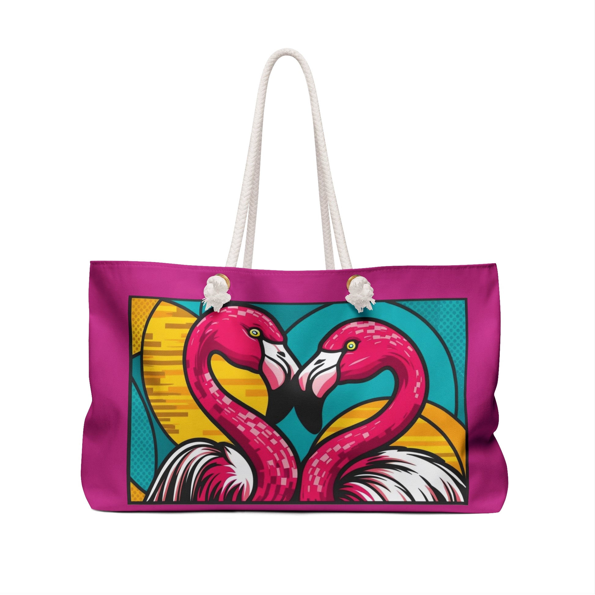Vibrant Tropical Flamingo Pop Art Weekender Bag, Vacation Tote, Beach Bag, Travel Essentials, Gift for Her, Carryall Carry-On Tote