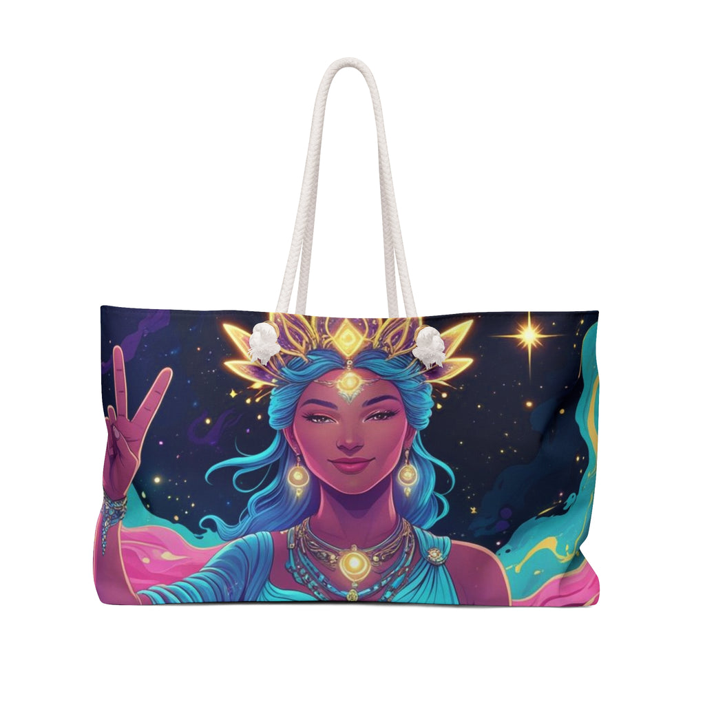 Cosmic Goddess Weekender Bag, Tote for Travel, Yoga, Beach, Festival, Empowerment Gift, Celestial Art Carryall, Carryon Gift for Her