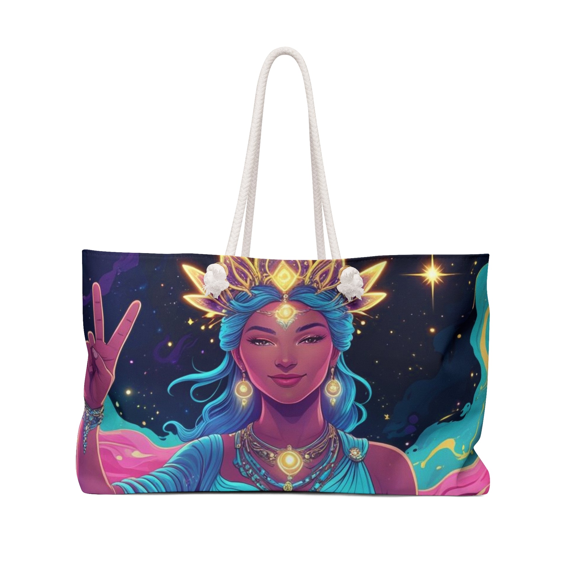 Cosmic Goddess Weekender Bag, Tote for Travel, Yoga, Beach, Festival, Empowerment Gift, Celestial Art Carryall, Carryon Gift for Her
