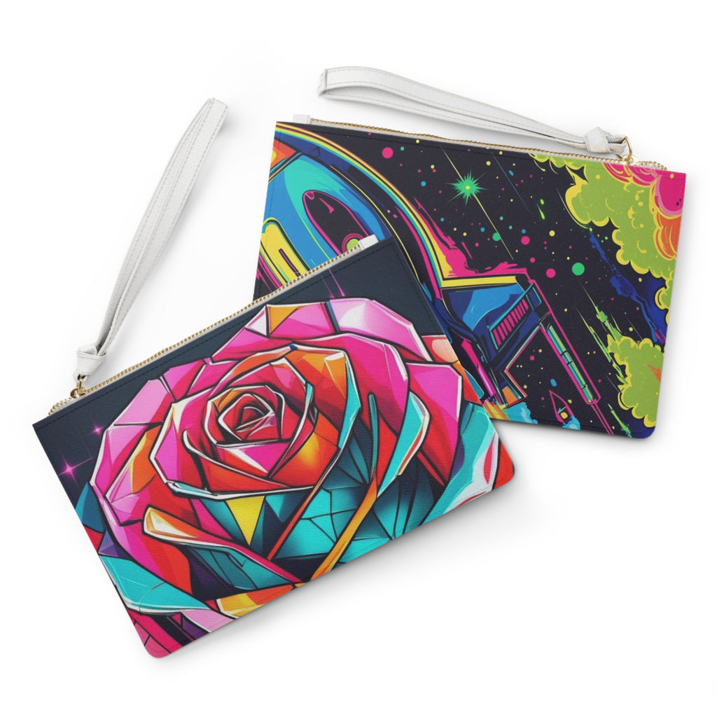 Vibrant Art Clutch Bag, Colorful Rose & Rocket Design, Unique Evening Bag, Perfect for Parties, Festivals and Gifts