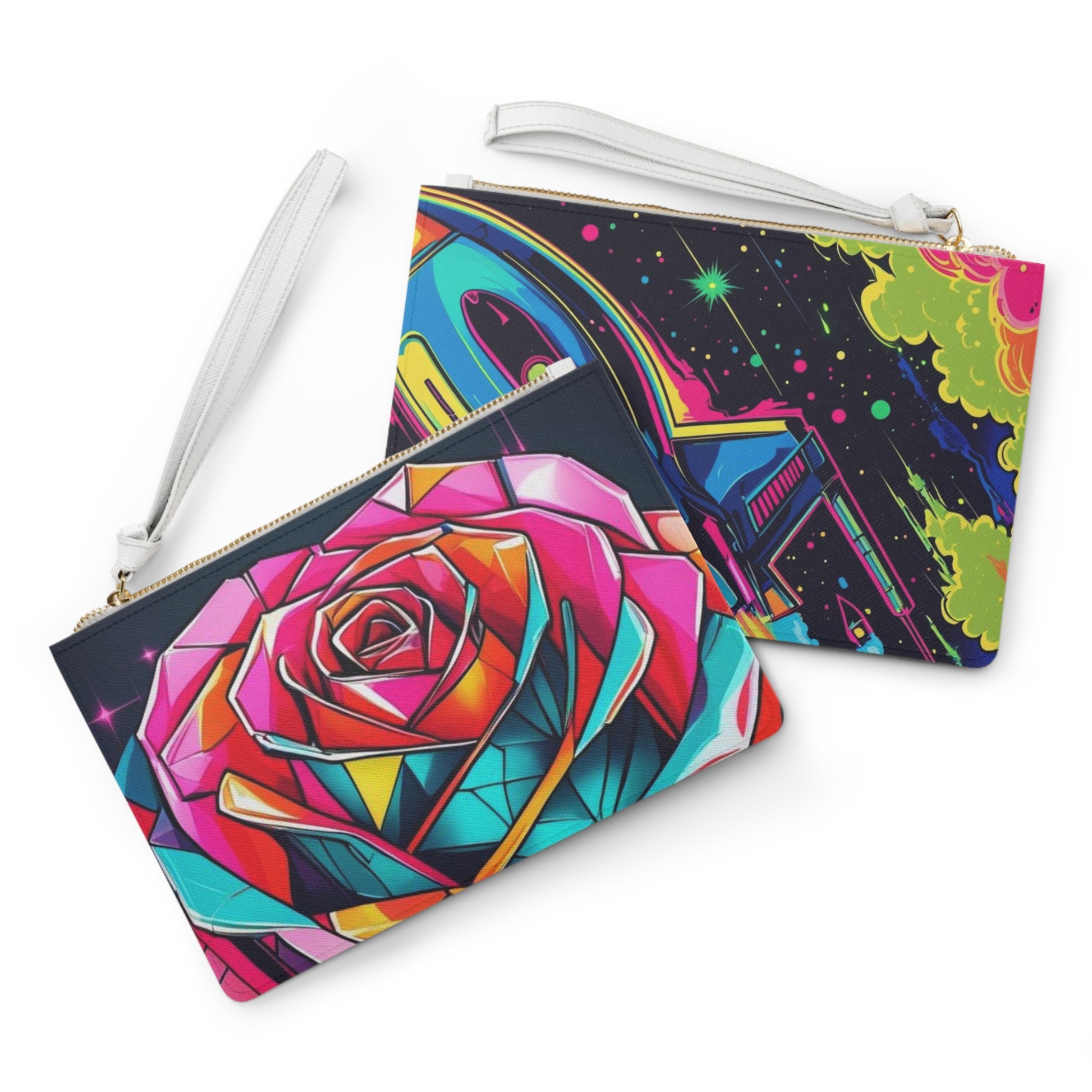 Vibrant Art Clutch Bag, Colorful Rose & Rocket Design, Unique Evening Bag, Perfect for Parties, Festivals and Gifts