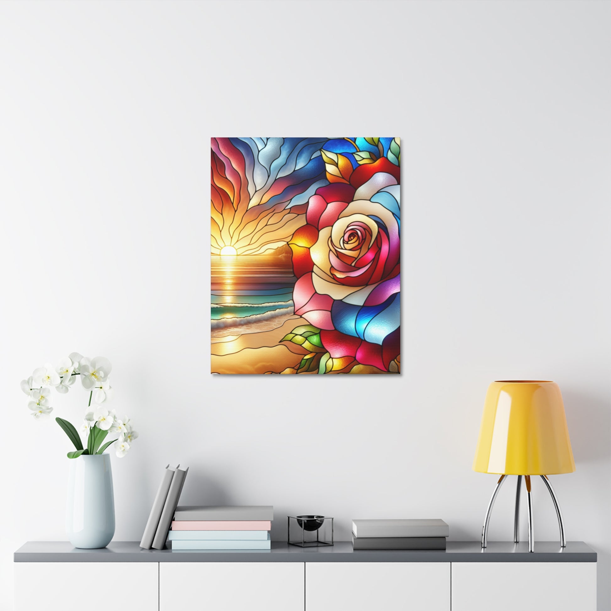 Vibrant Stained Glass Canvas Art, Flower Sunset Wall Decor, Colorful Home Decoration, Gift for Art Lovers, Floral Artwork
