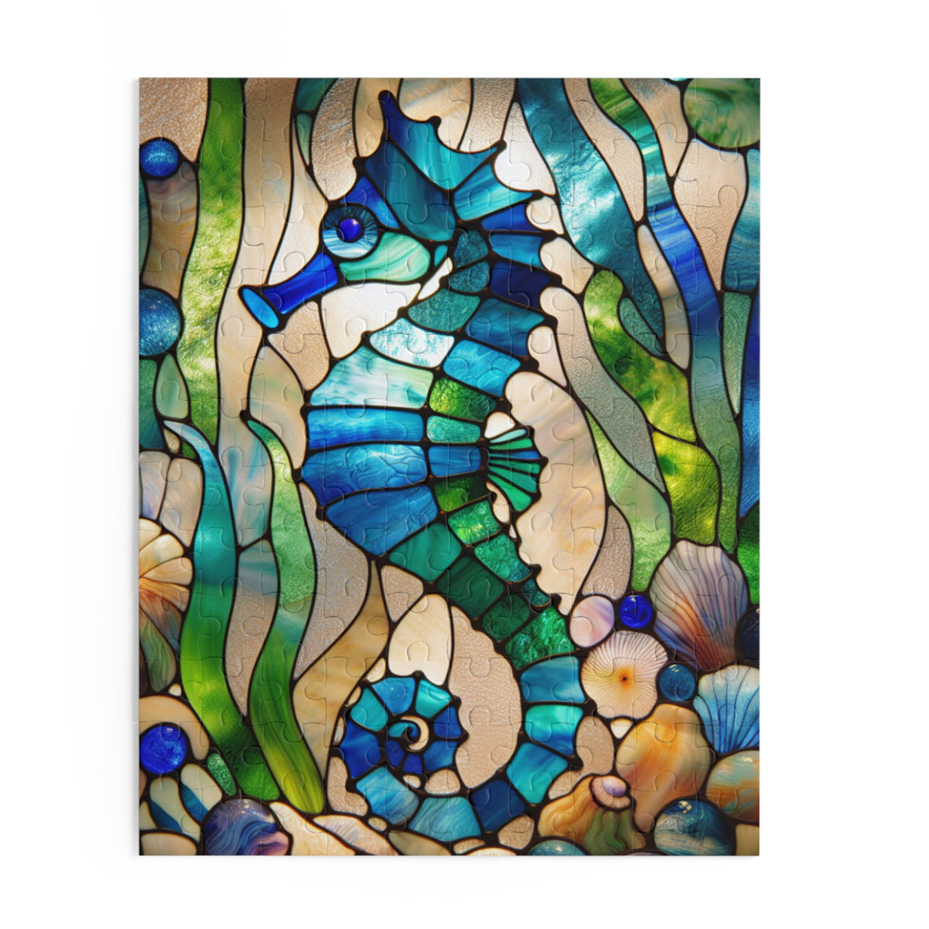 Stained Glass Seahorse Puzzle, Ocean Art, 120-500 Piece Jigsaw, Nautical Decor, Gift for Marine Life Lovers, Home Entertainment