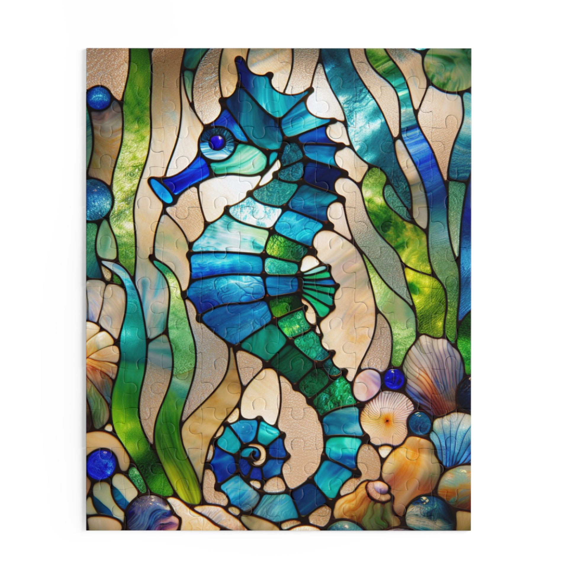 Stained Glass Seahorse Puzzle, Ocean Art, 120-500 Piece Jigsaw, Nautical Decor, Gift for Marine Life Lovers, Home Entertainment