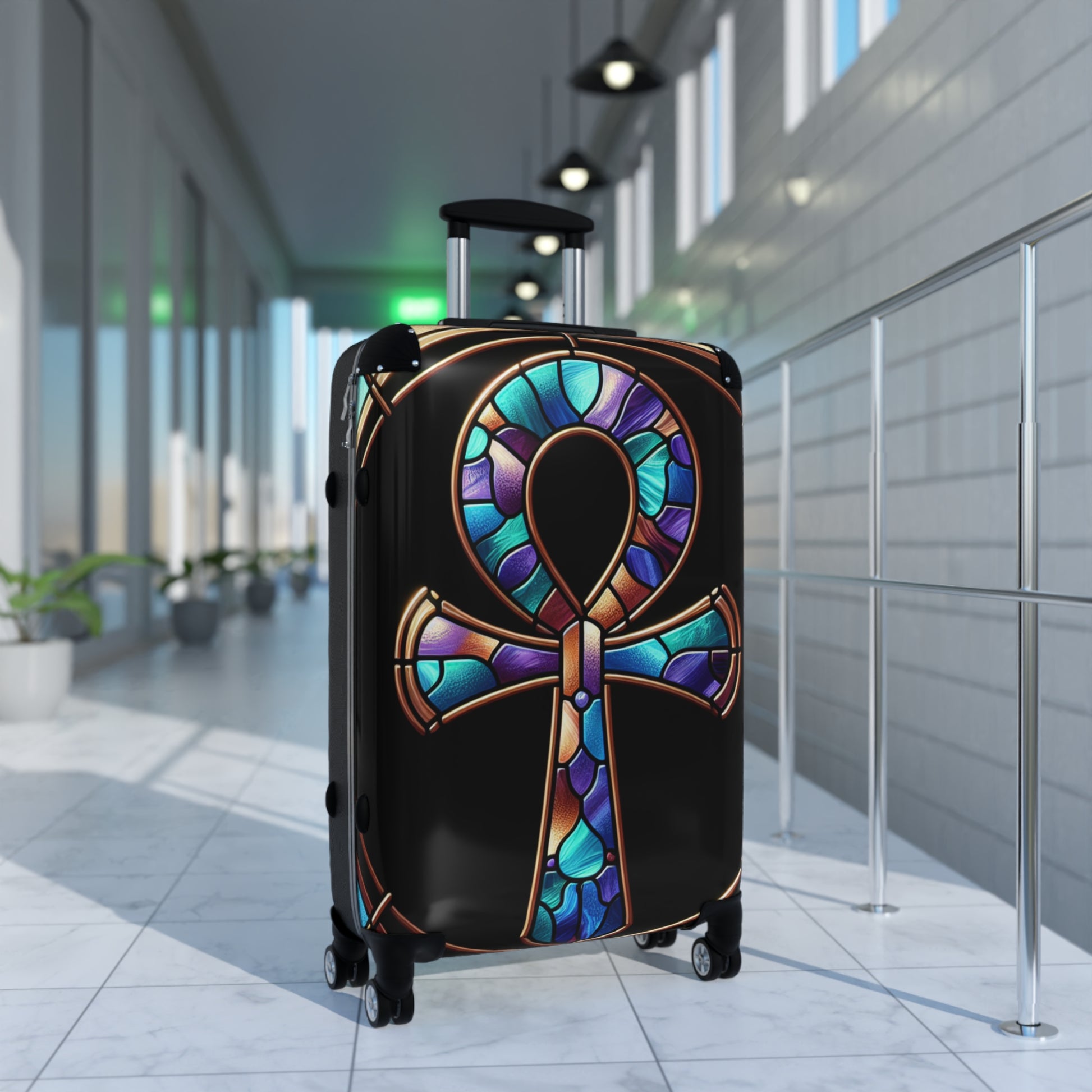 Stained Glass Ankh Suitcase, Travel Luggage, Bohemian Style Carry-On, Unique Vacation Bag, Art-Inspired Travel Gear