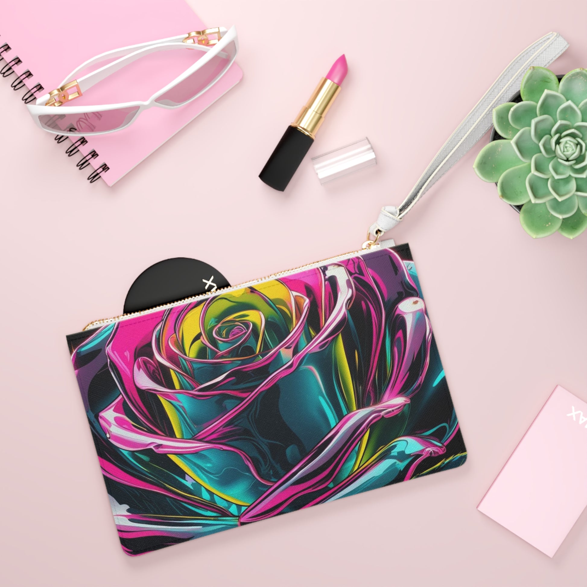 Vibrant Rose Clutch Bag, Cosmic Tiger Purse, Colorful Makeup Bag, Artistic Clutch for Weddings, Festivals, Birthdays