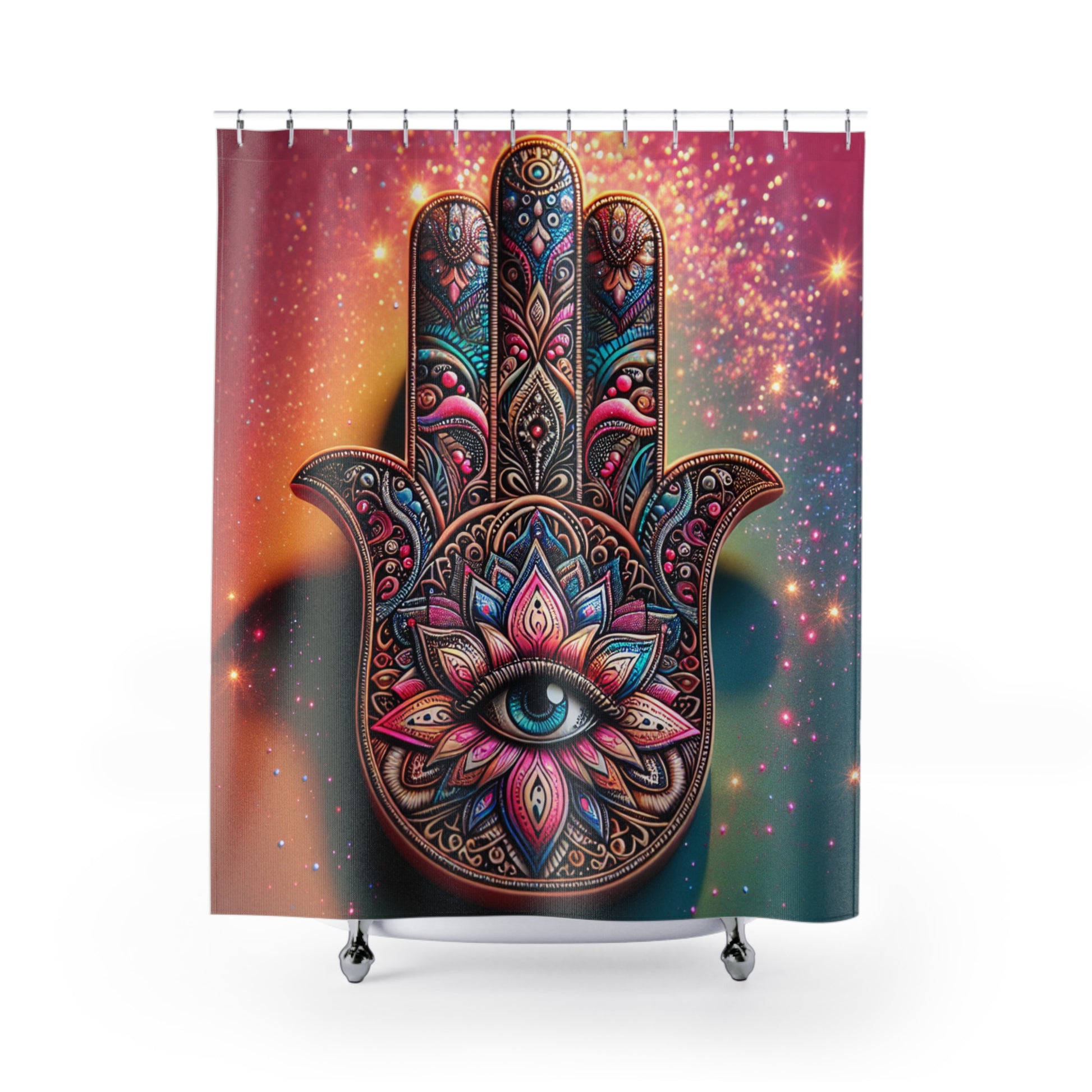 Bohemian Shower Curtain with Hamsa Design, Spiritual Home Decor, Unique Bathroom Accessory, Gift for Yoga Lovers, Colorful Wall Art
