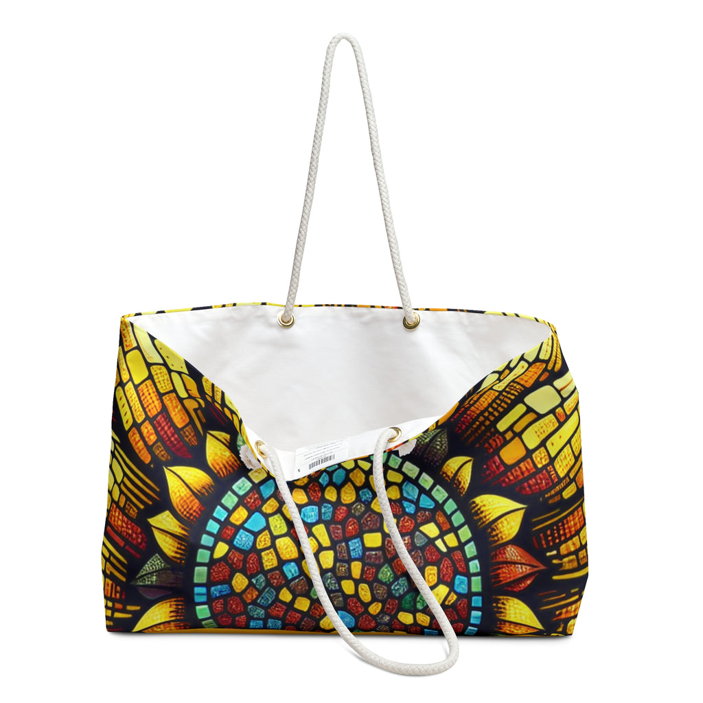 Vibrant Mosaic Sunflower Weekender Bag, Carryall Carry-On Travel Bag, Beach Bag, Overnight Tote, Floral Gift Handbag