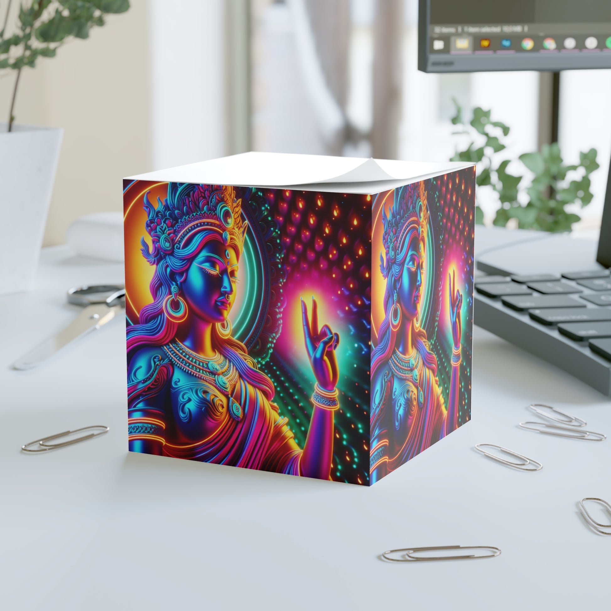 Vibrant Note Cube with Goddess Design, Colorful Sticky Notes, Spiritual Office Supplies, Gift for Meditation Lovers, Unique Desk Accessories
