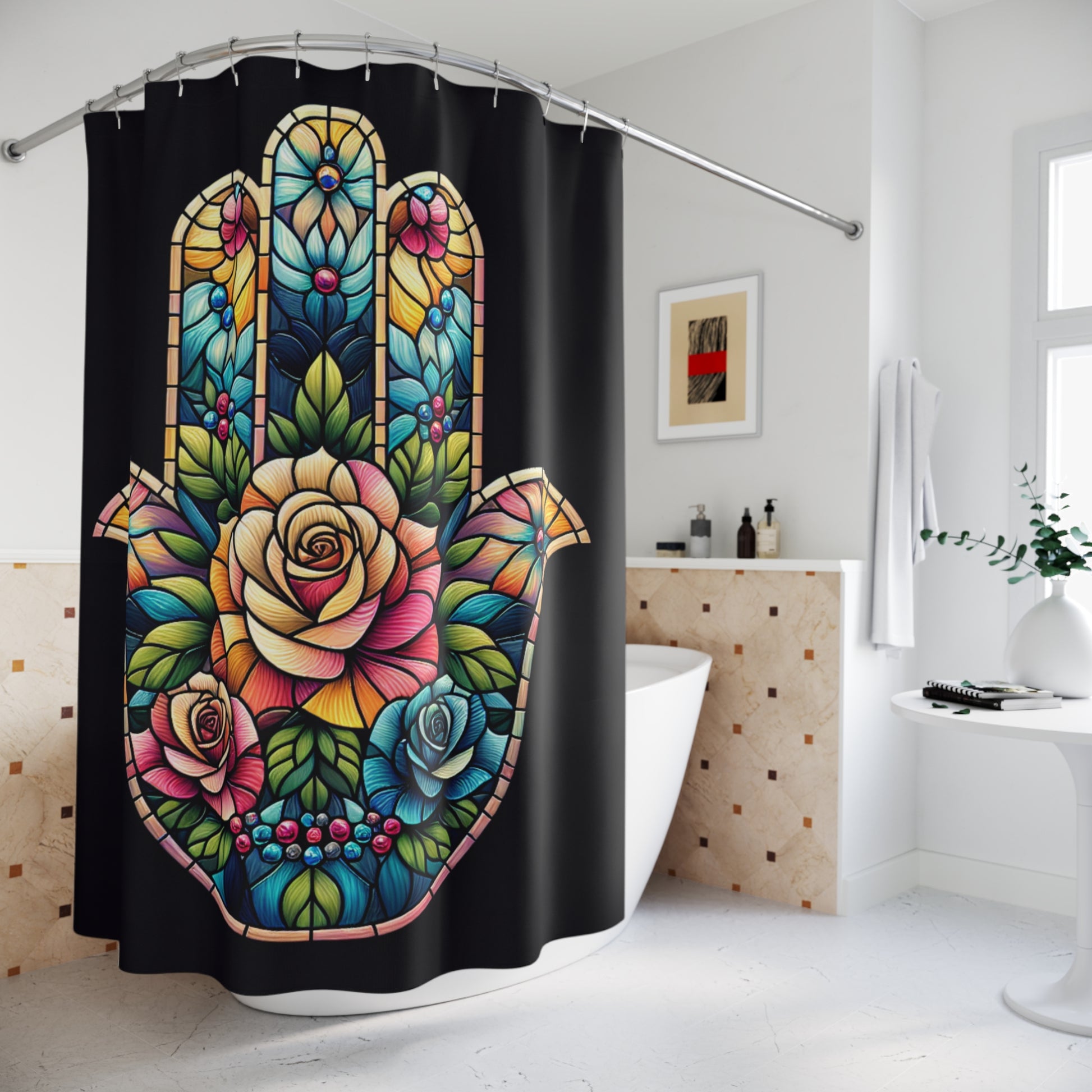 Stained Glass Hamsa Shower Curtain, Bohemian Bathroom Decor, Artisan Bathroom Upgrade, Unique Home Gift, Spiritual Wall Art