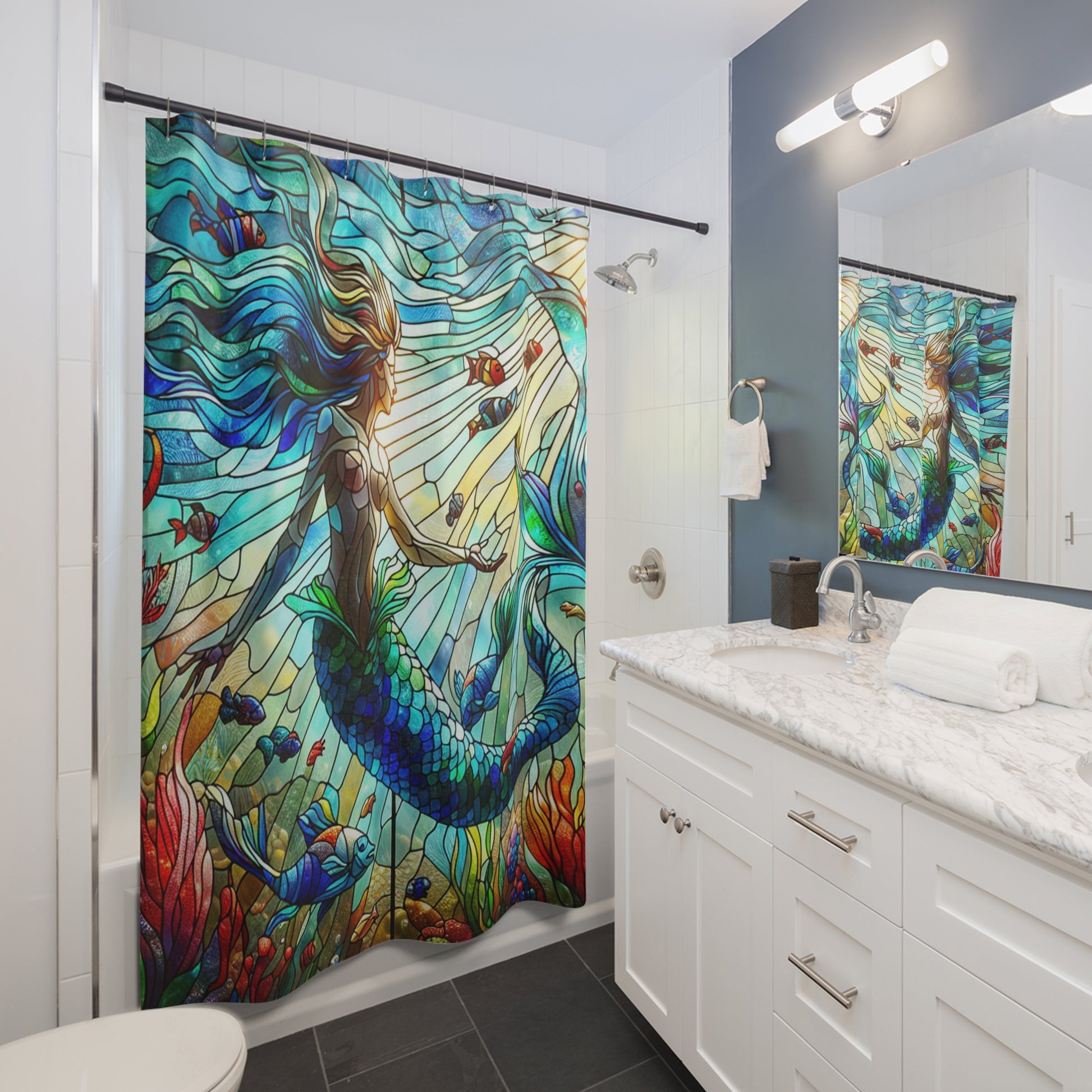 Mermaid Stained Glass Shower Curtain, Ocean Theme Bathroom Decor, Nautical Home Accent, Mermaid Gifts for Ocean Lovers, Unique Shower [...]