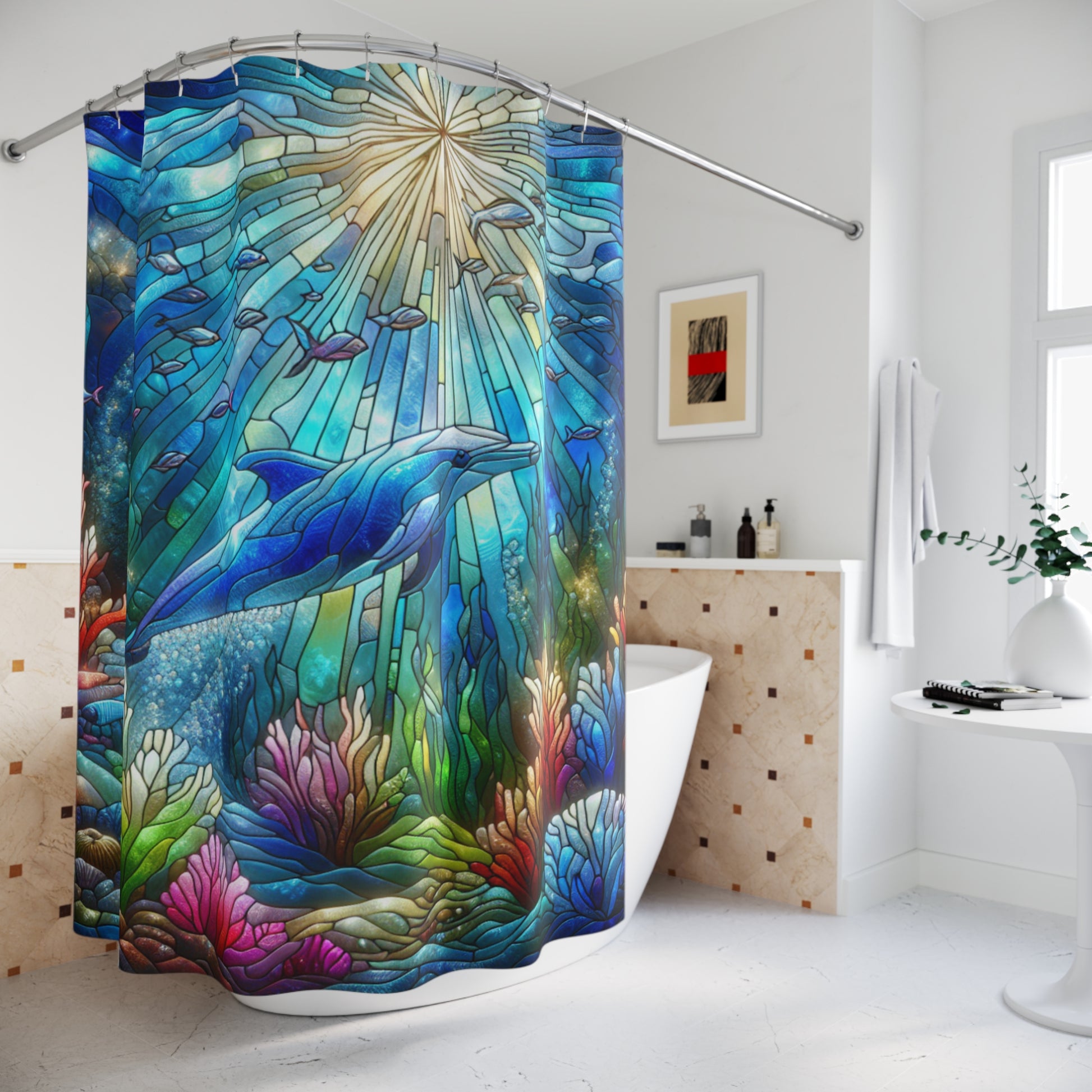 Vibrant Dolphin Shower Curtain, Nautical Home Decor, Ocean Theme Bathroom Accessory, Coastal Gift, Beach Vibes