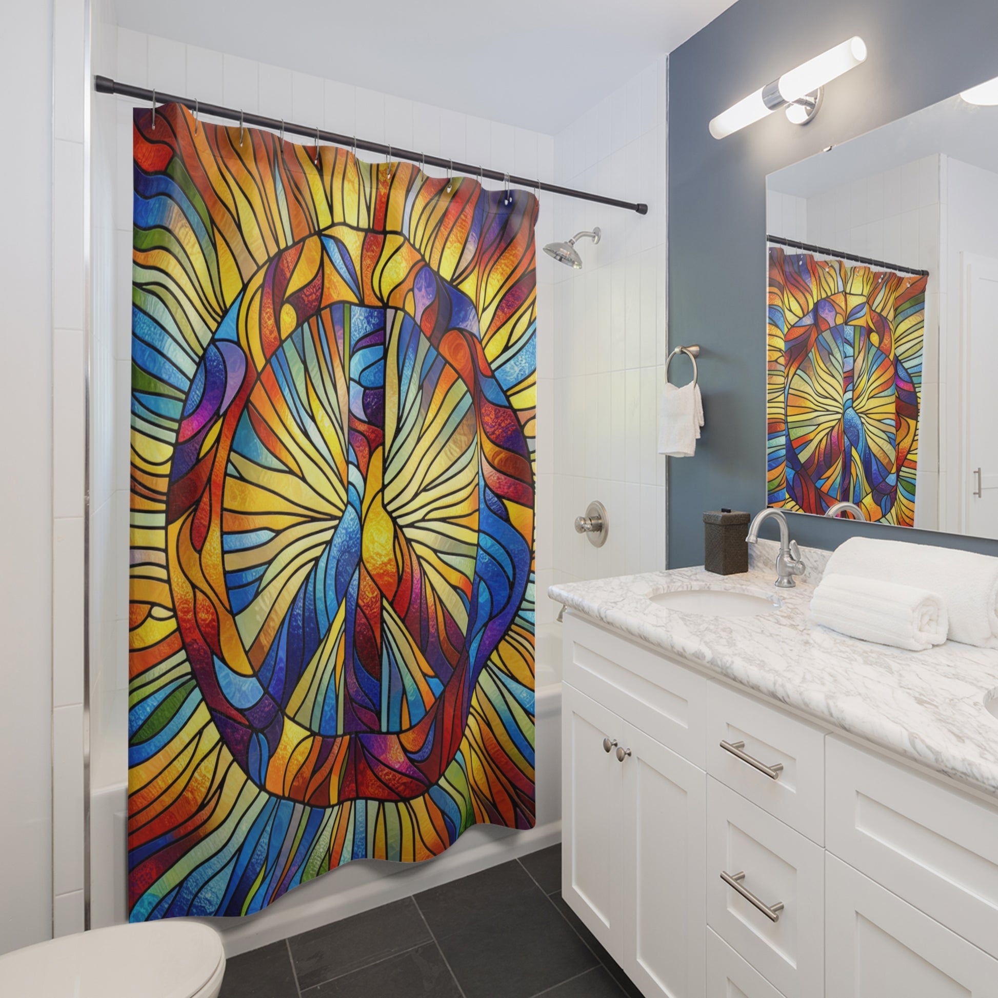 Vibrant Peace Symbol Shower Curtain, Boho Bathroom Decor, Colorful Art, Unique Gift Idea, Trendy Home Accessories, Festival Vibe