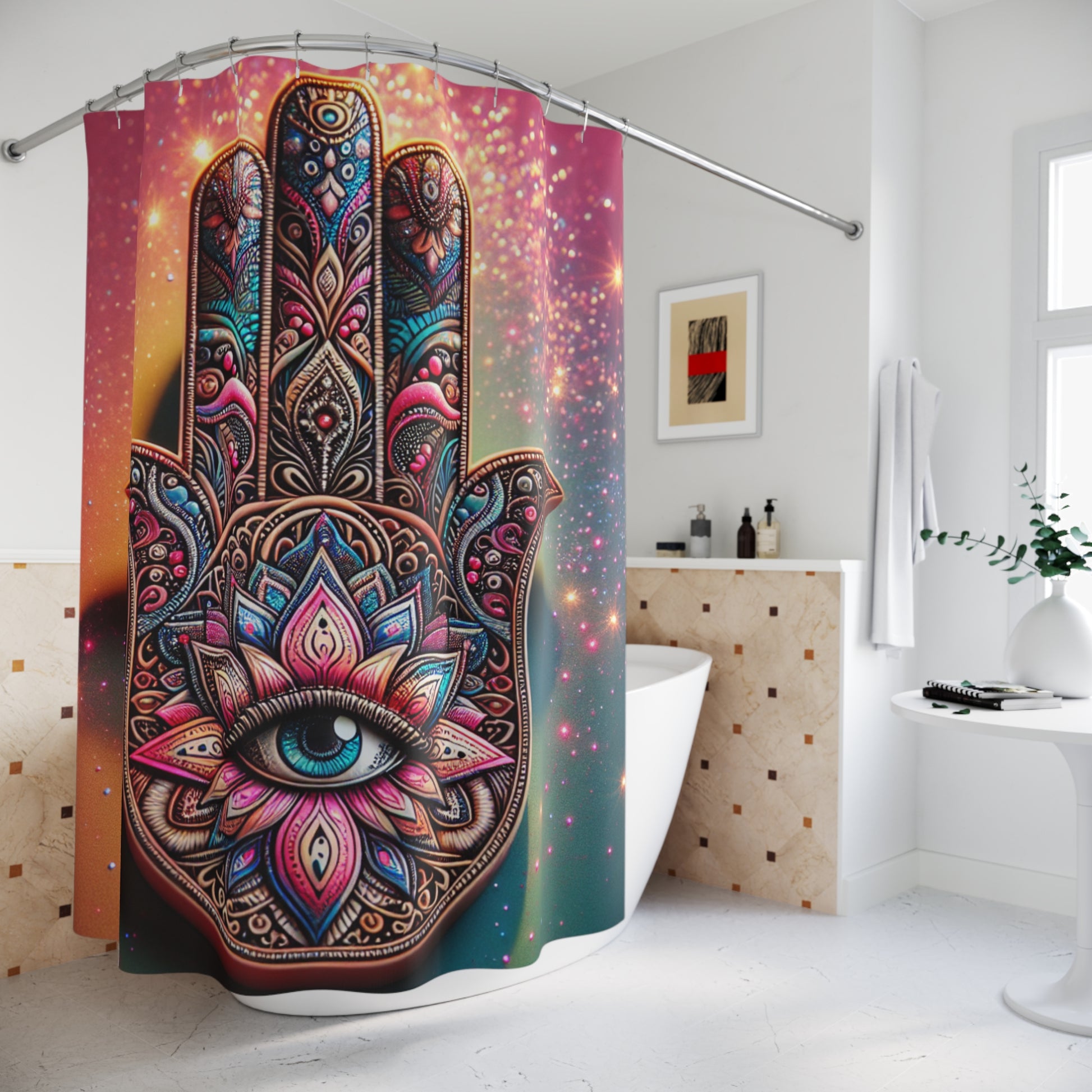 Bohemian Shower Curtain with Hamsa Design, Spiritual Home Decor, Unique Bathroom Accessory, Gift for Yoga Lovers, Colorful Wall Art