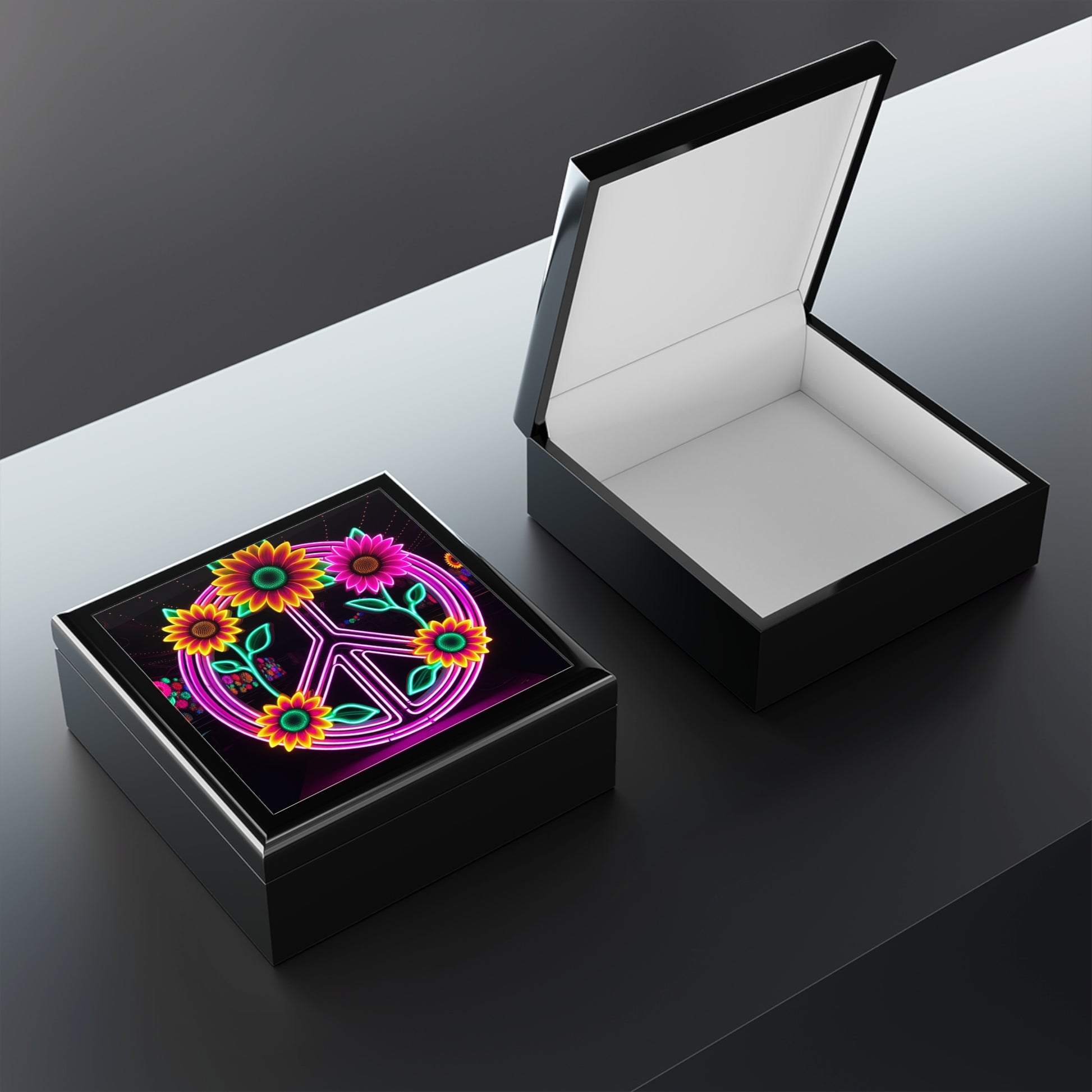 Colorful Floral Peace Sign Jewelry Box, Boho Gift, Organizer, Vintage Style, Wedding Keepsake, Home Décor