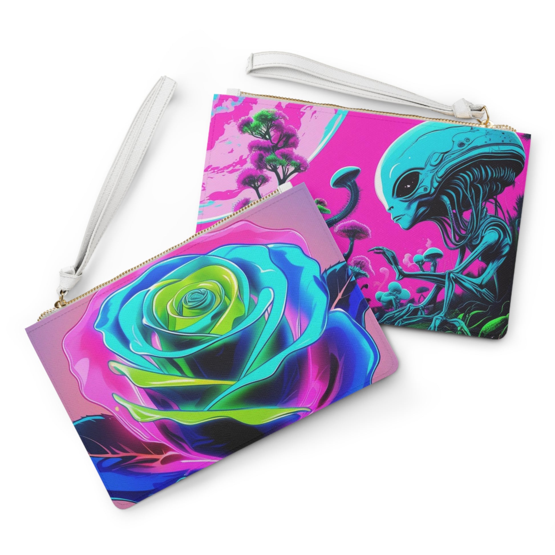 Vibrant Art Clutch Bag - Colorful Rose and Alien Designs, Perfect Gift for Parties, Festivals, and Everyday Use