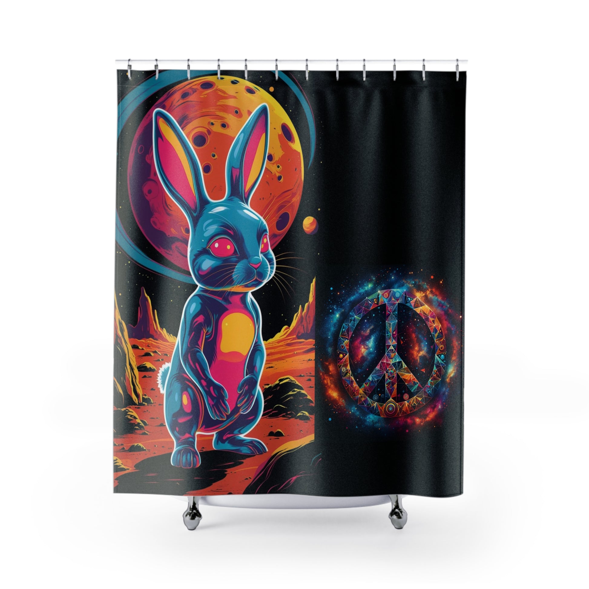 Vibrant Space Bunny Shower Curtain, Fun Bathroom Decor, Kids Room Accent, Unique Gift, Cosmic Art, 70s Retro Vibe