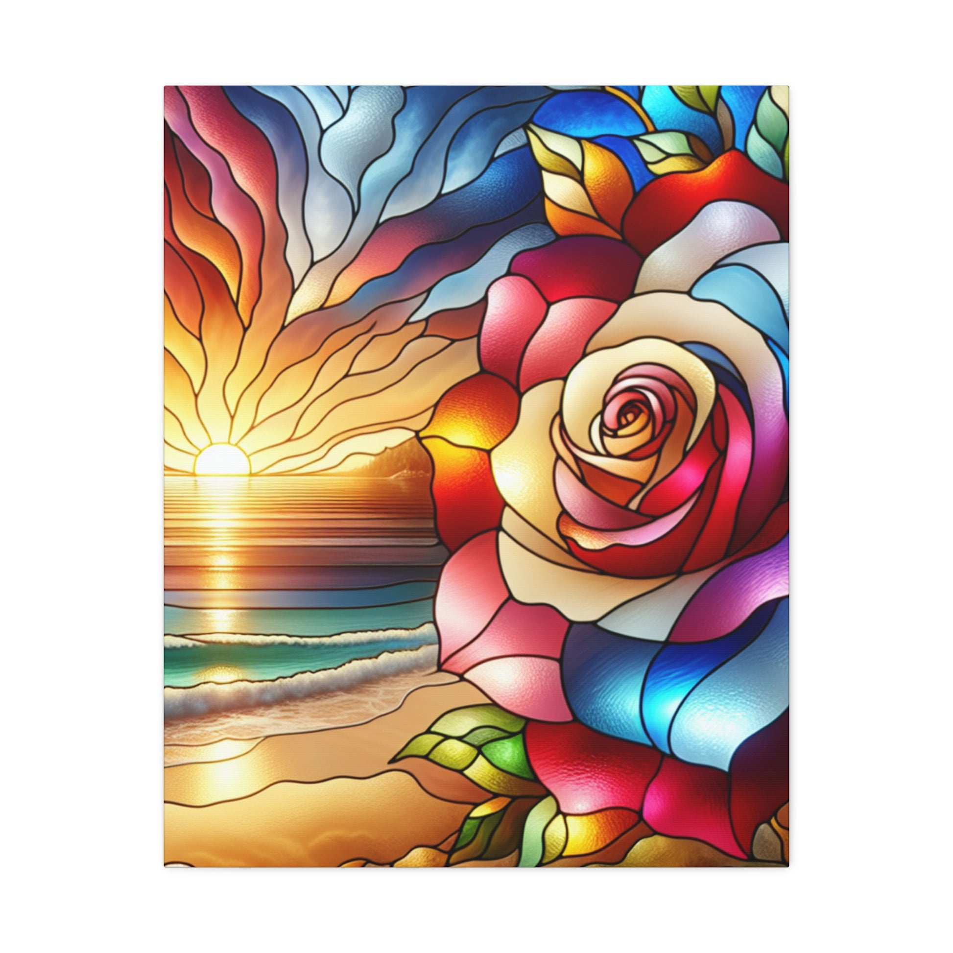 Vibrant Stained Glass Canvas Art, Flower Sunset Wall Decor, Colorful Home Decoration, Gift for Art Lovers, Floral Artwork