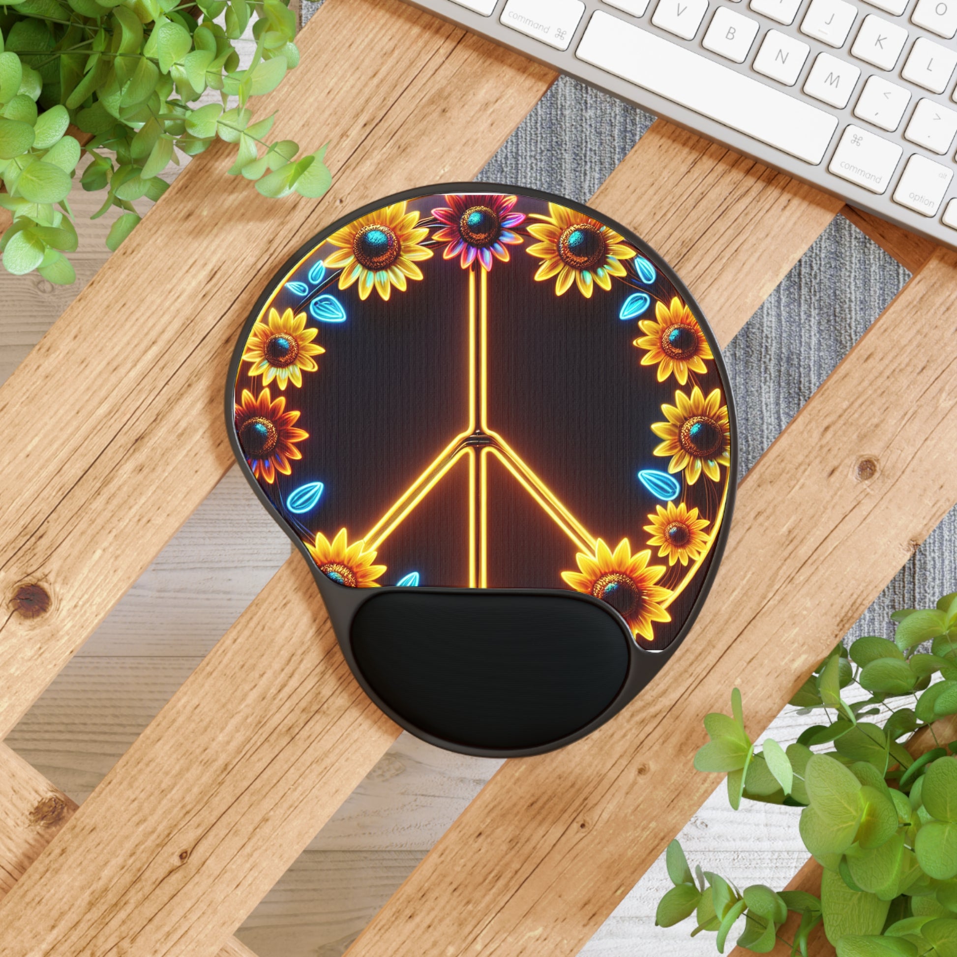 Sunflower Peace Sign Mouse Pad with Wrist Rest, Cute Desk Accessory, Office Gifts, Floral Decor, Computer Accessories